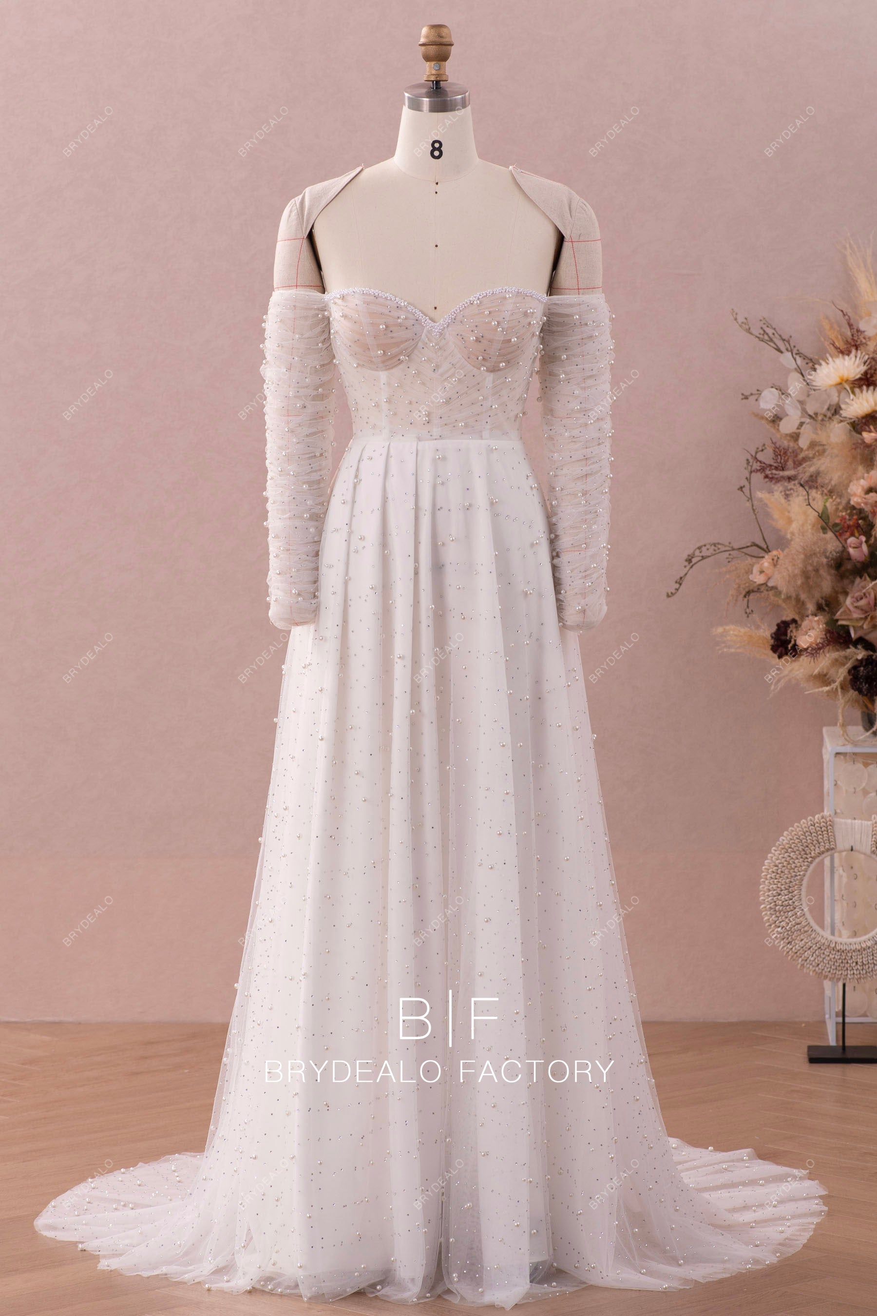 Elegant Pearls Off Shoulder Corset Bling Bling A-line Wedding Dress Elegant Pearls Off Shoulder Corset Bling Bling A-line Wedding Dress