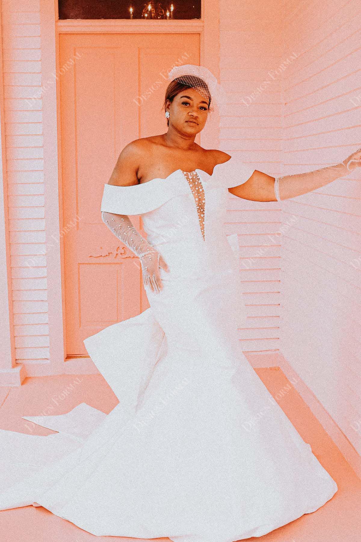 Pearls Sheer Plunging V-neck Off-shoulder Satin Mermaid Wedding Dress