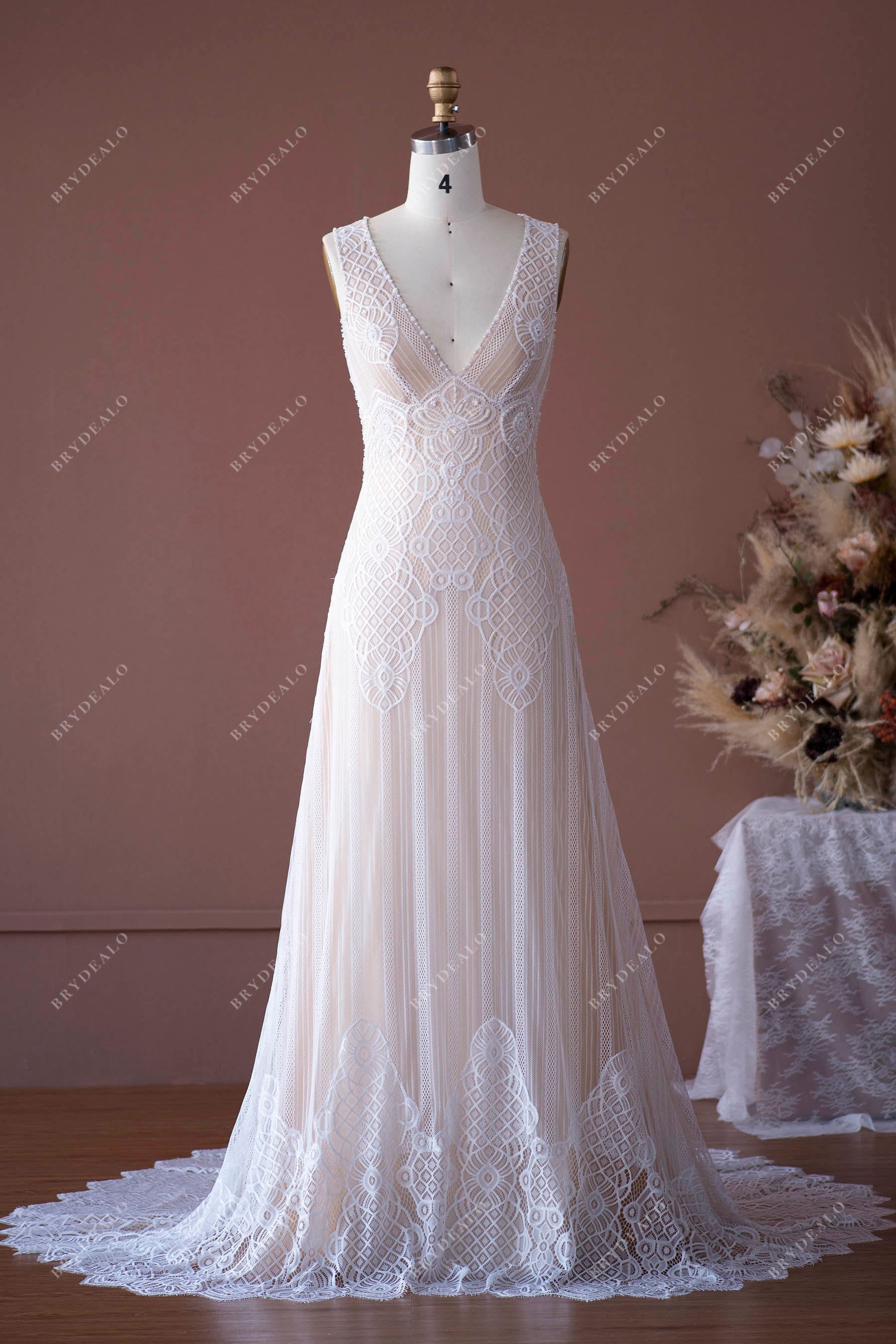 V-neck Pearls Lace Plunging Boho Keyhole Back Nude Beige Wedding Dress, Nude Beige