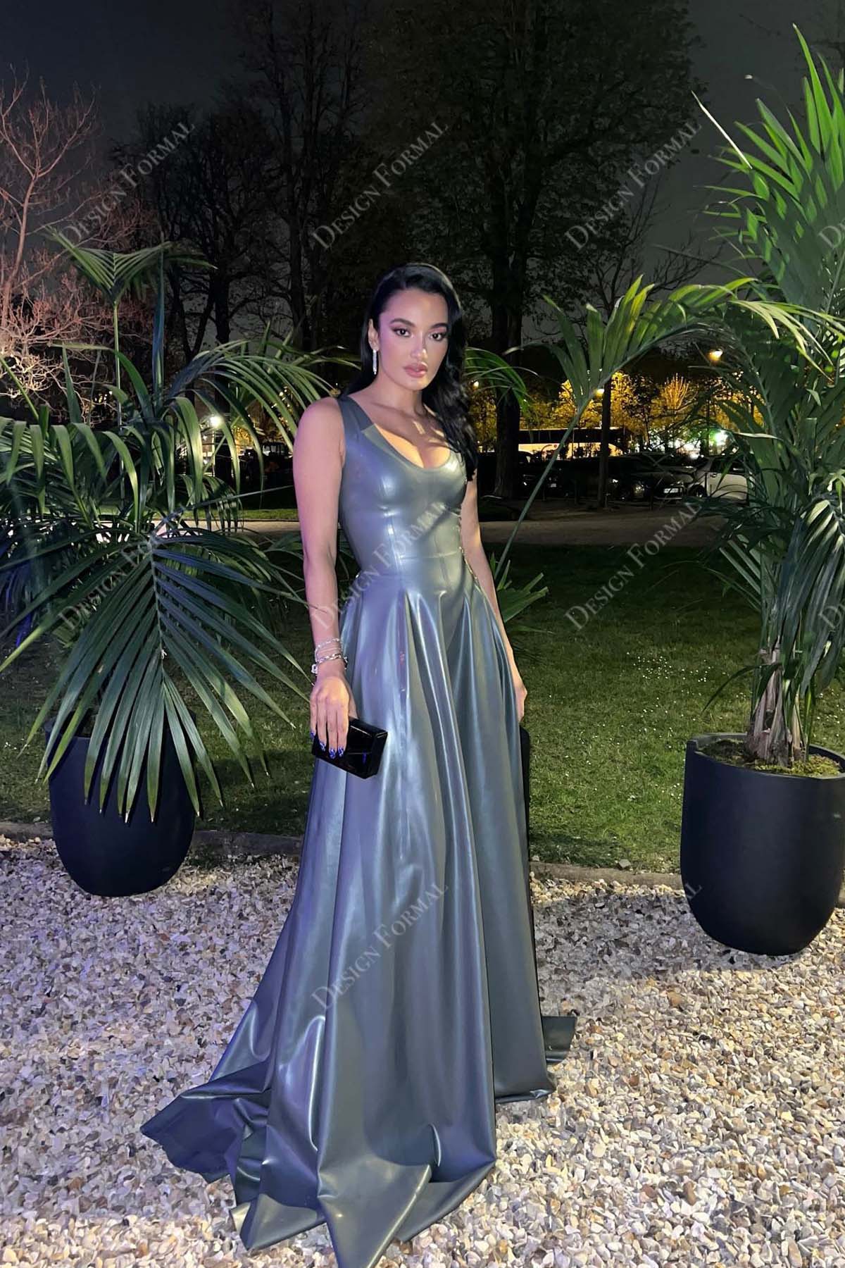 pewter grey lame straps sleeveless A-line long prom dress