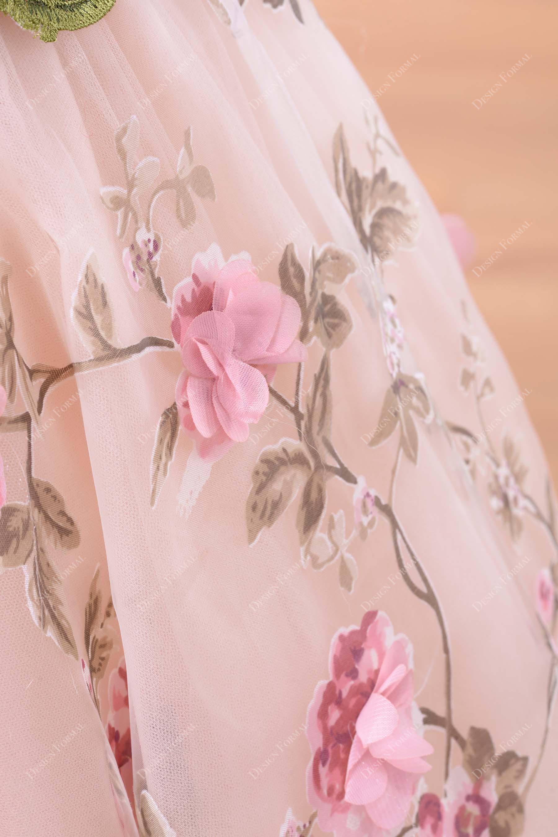 fuchsia 3D flowers print organza prom formal dress