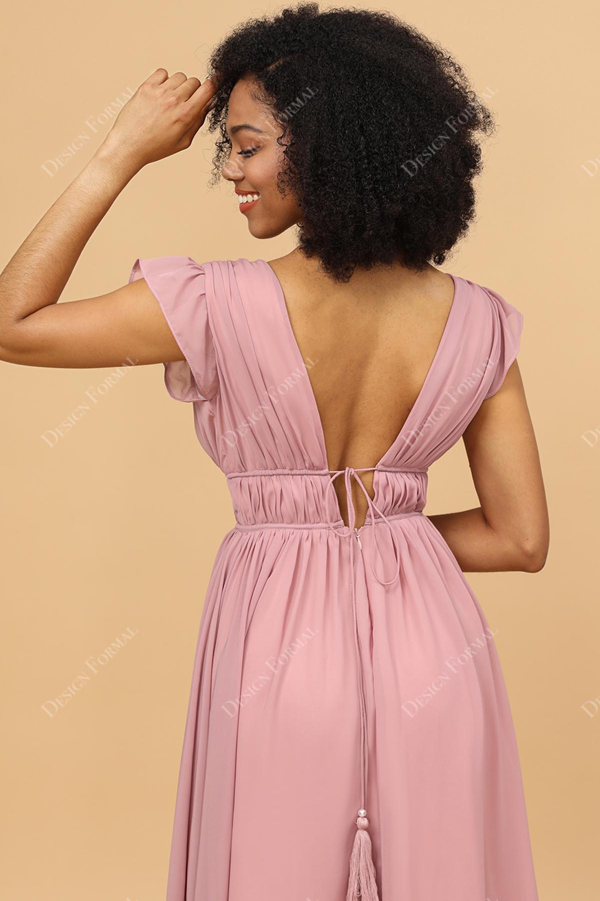 pink V-back flutter sleeves bridesmaid gown