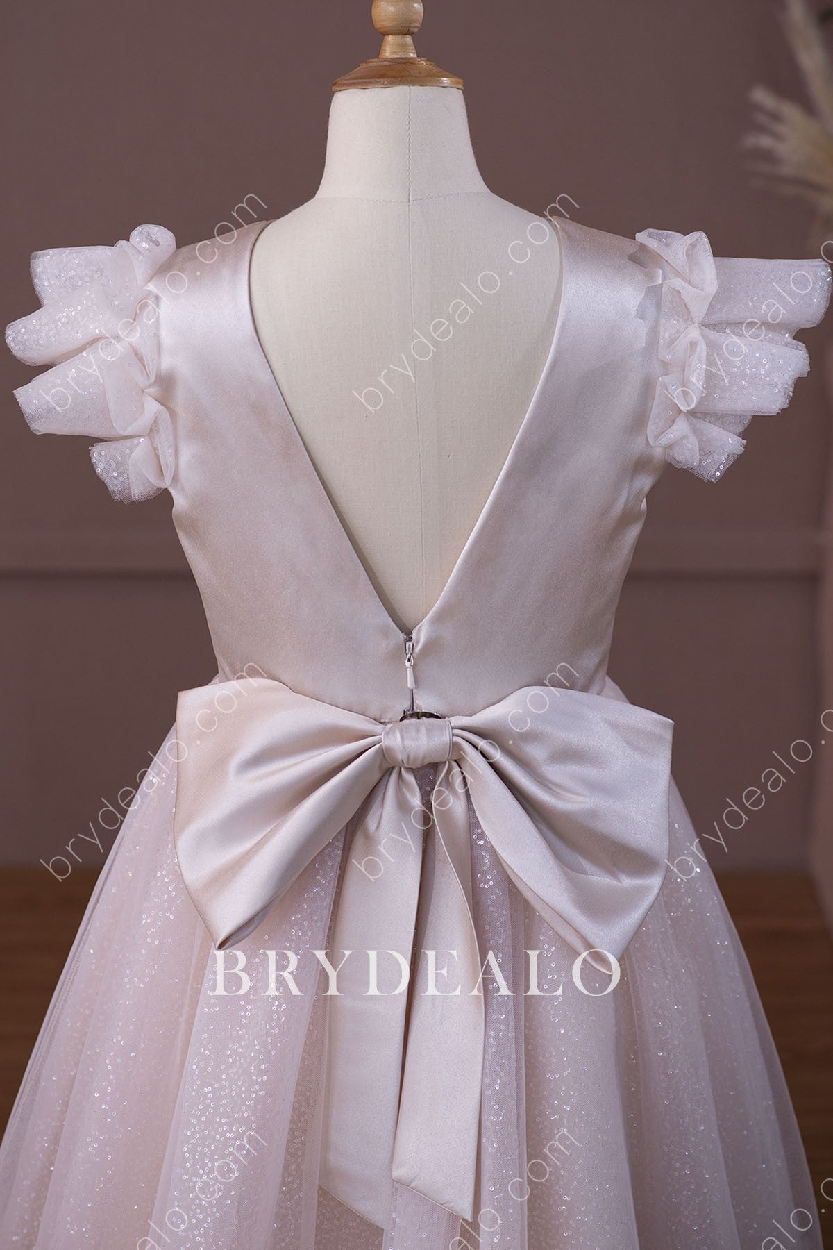 Pink Satin Bow V-back Flower Girl Dress
