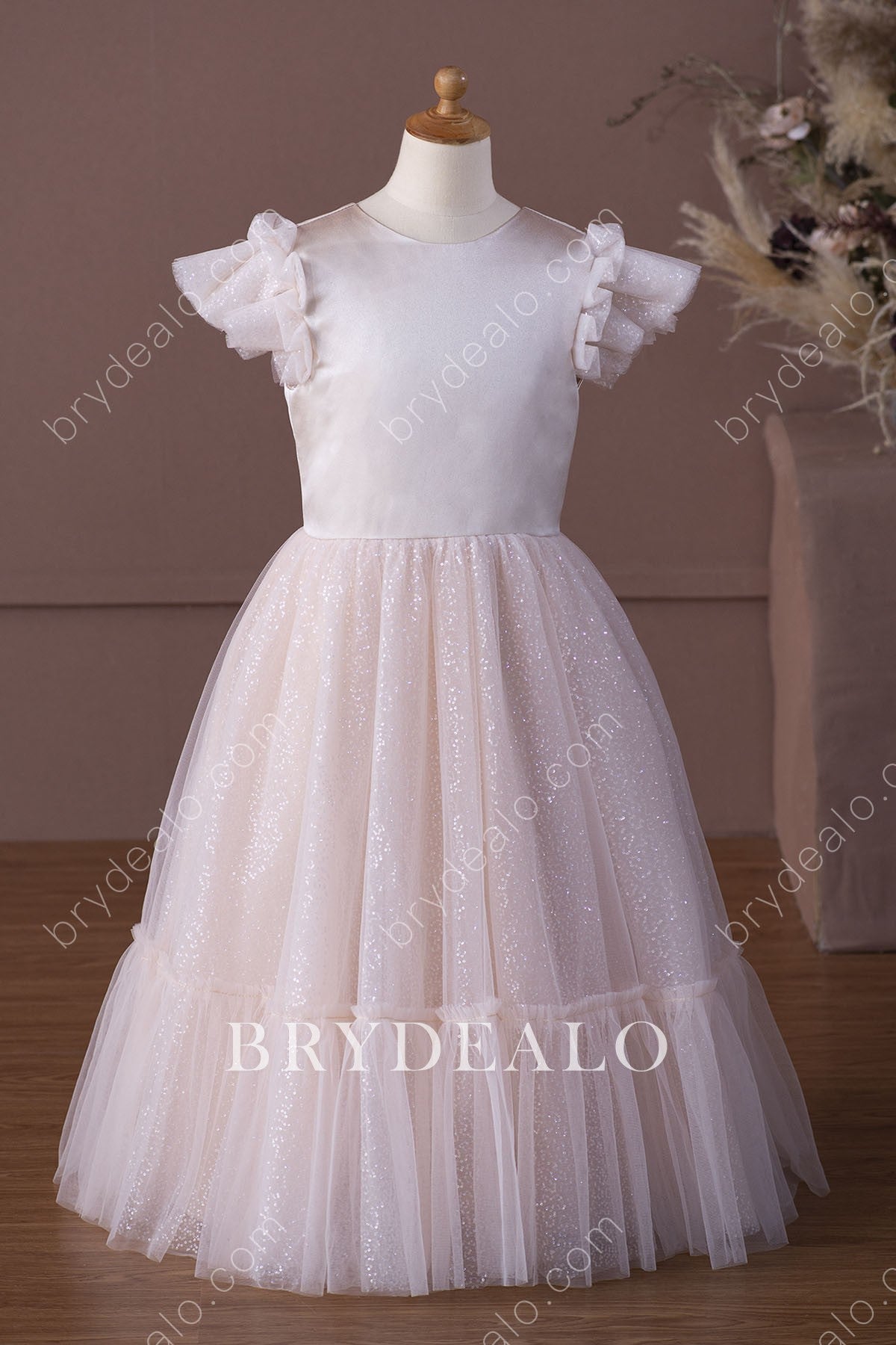 Ruffled Sleeves Glitter Pink Floor Length Flower Girl Dress