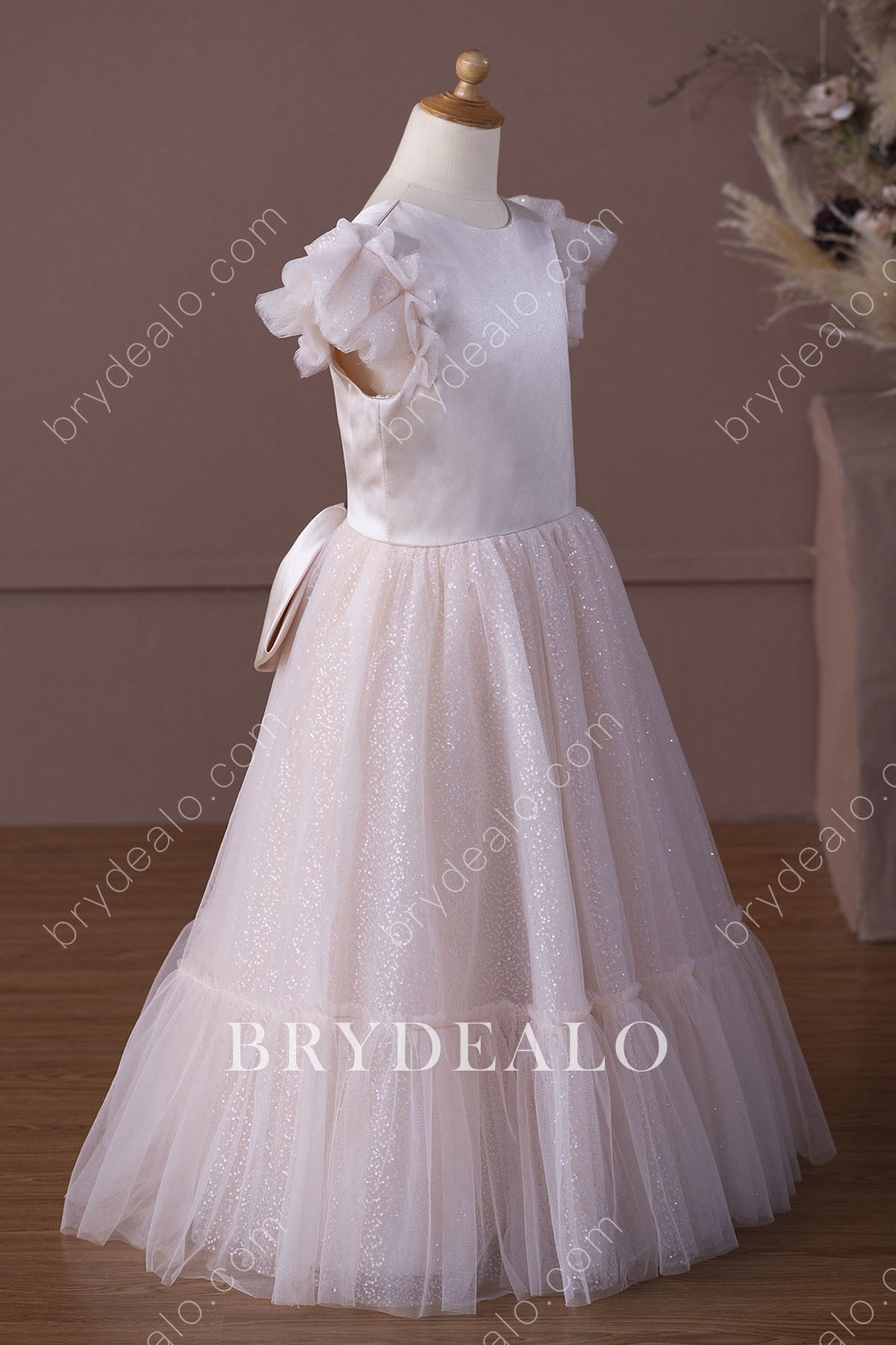 Ruffled Sleeves Glitter Floor Length Flower Girl Dress