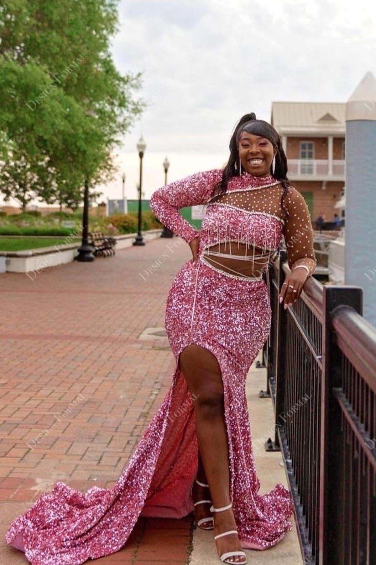 pink glitter tassels asymmetrical illusion slit mermaid gown