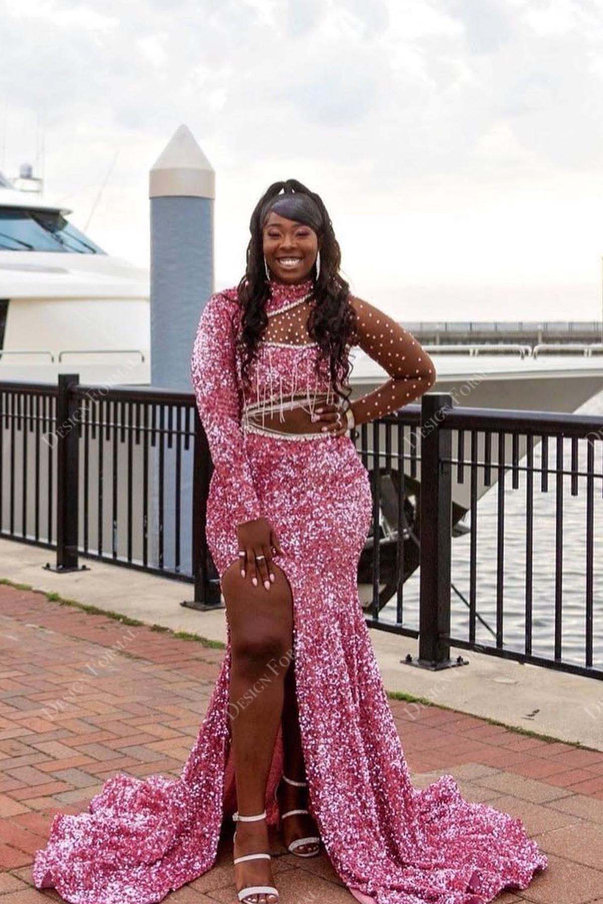 pink glitter illusion sleeve high slit cutout mermaid prom dress