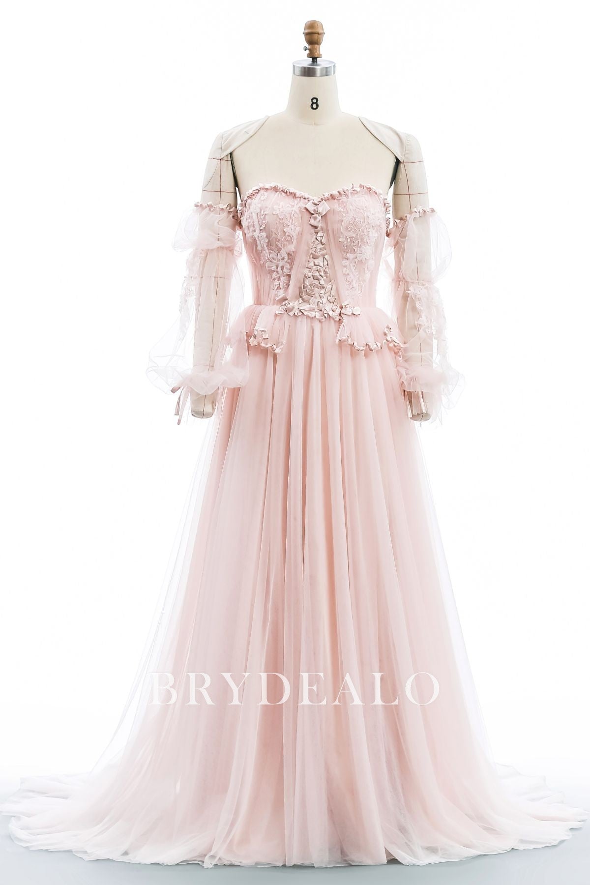 Vintage Pink Lace Tulle Sweetheart Off Shoulder Designed Wedding Dress, Pearl Pink Vintage Pink Lace Tulle Sweetheart Off Shoulder Designed Wedding Dress, Pearl Pink