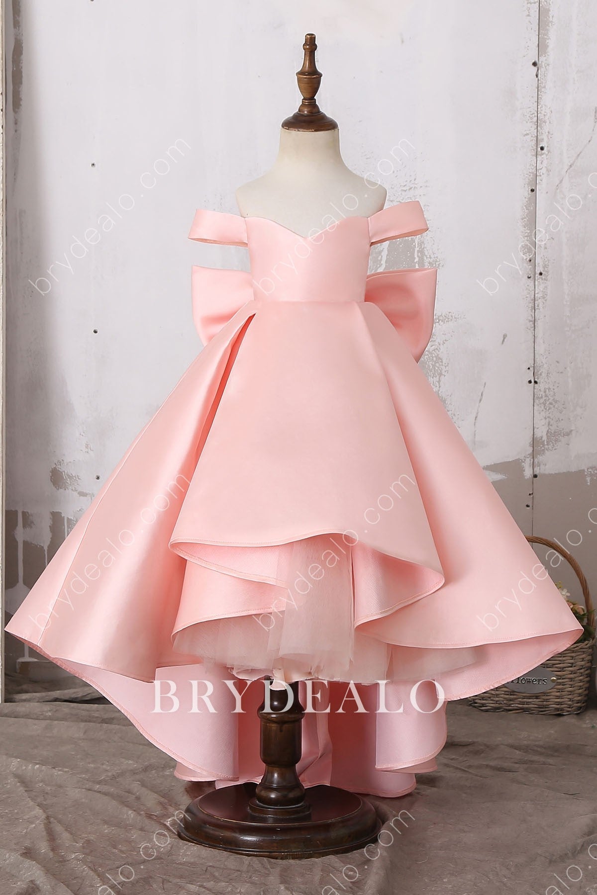 Designer Pink Off-shoulder High Low Flower Girl Dress