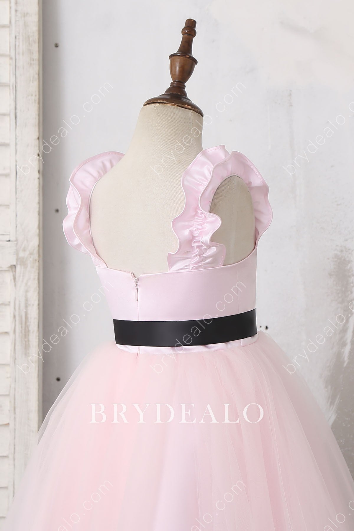 Black Sash Pink Ruffled Straps Flower Girl Dress For Less