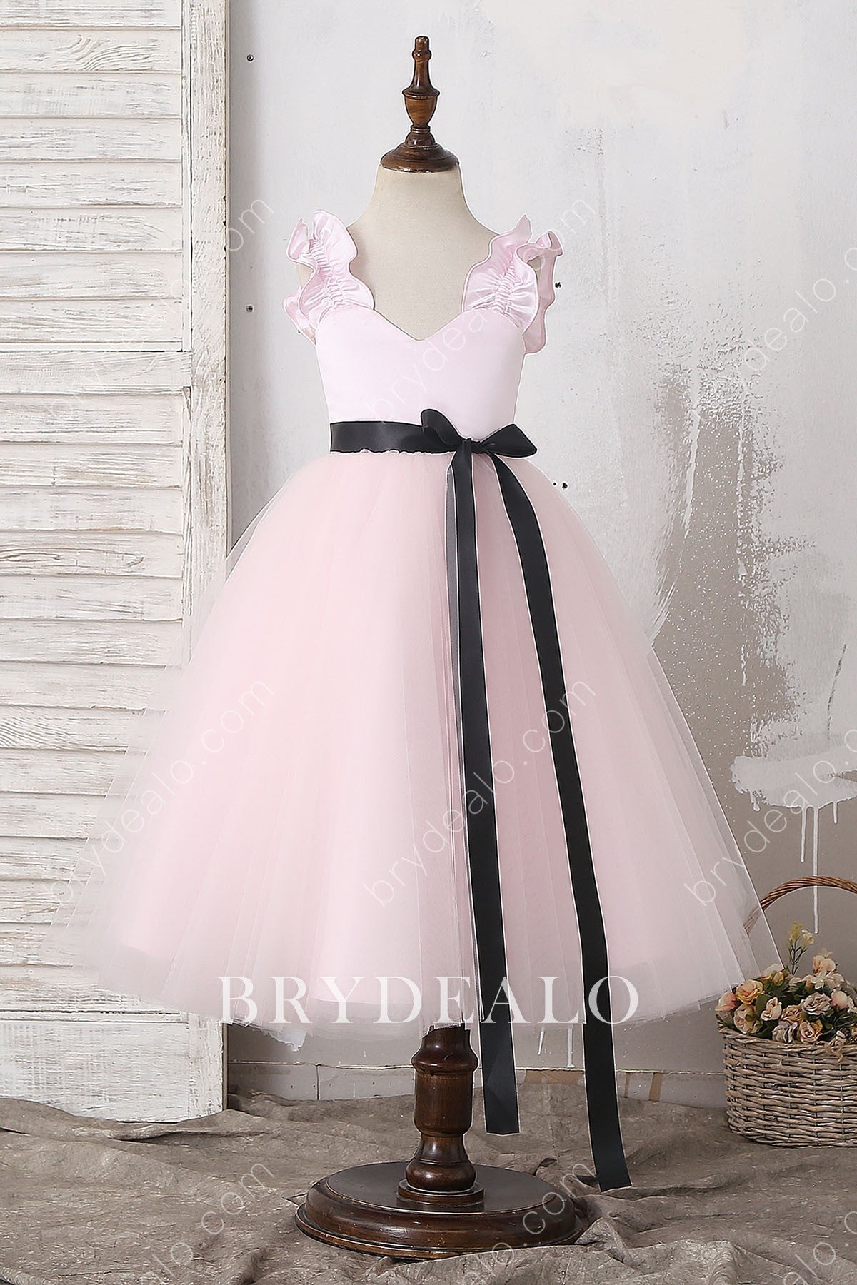 Pink Ruffled Straps Ankle Length Flower Girl Dress Black Bowknot Sash