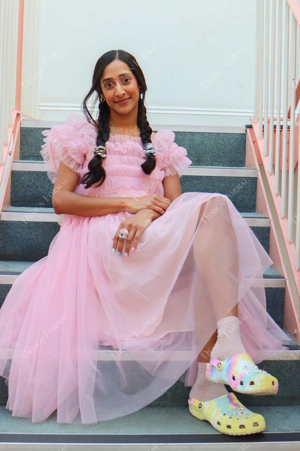 pink ruffled tulle made-to-order formal dress