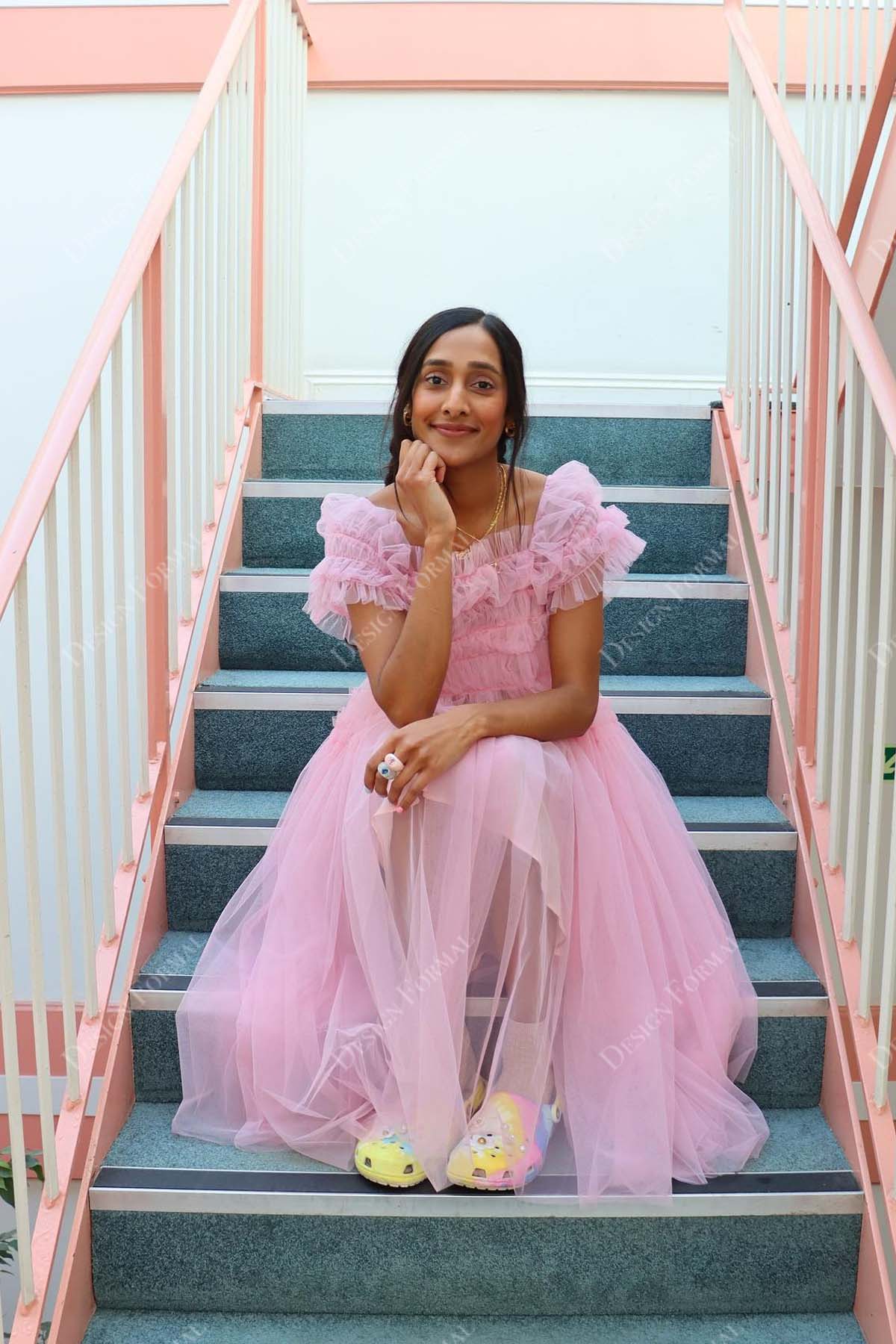 pink ruffled tulle short sleeves A-line prom gown