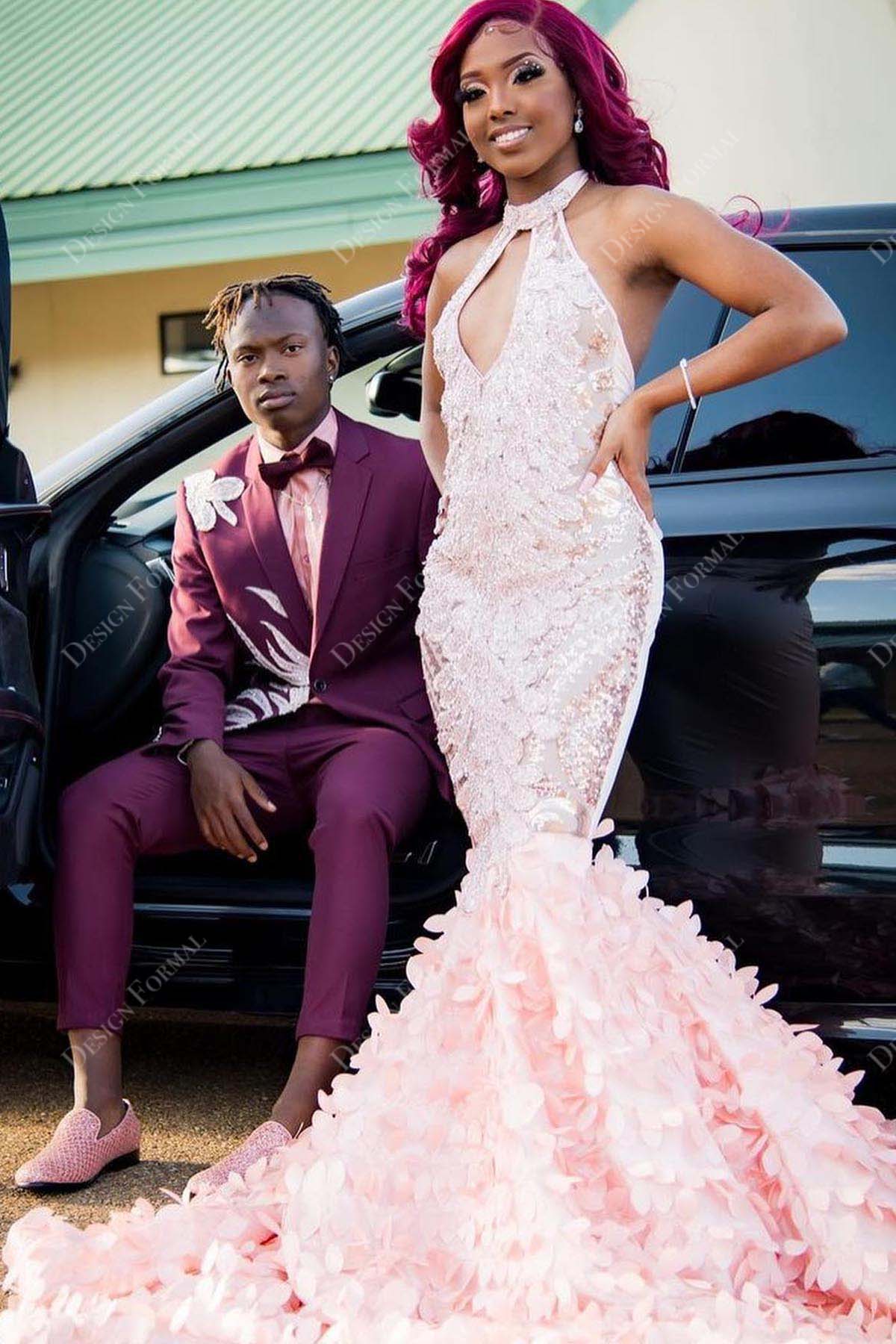 pink sequin sleeveless keyhole 3D leaf halter mermaid long train prom dress