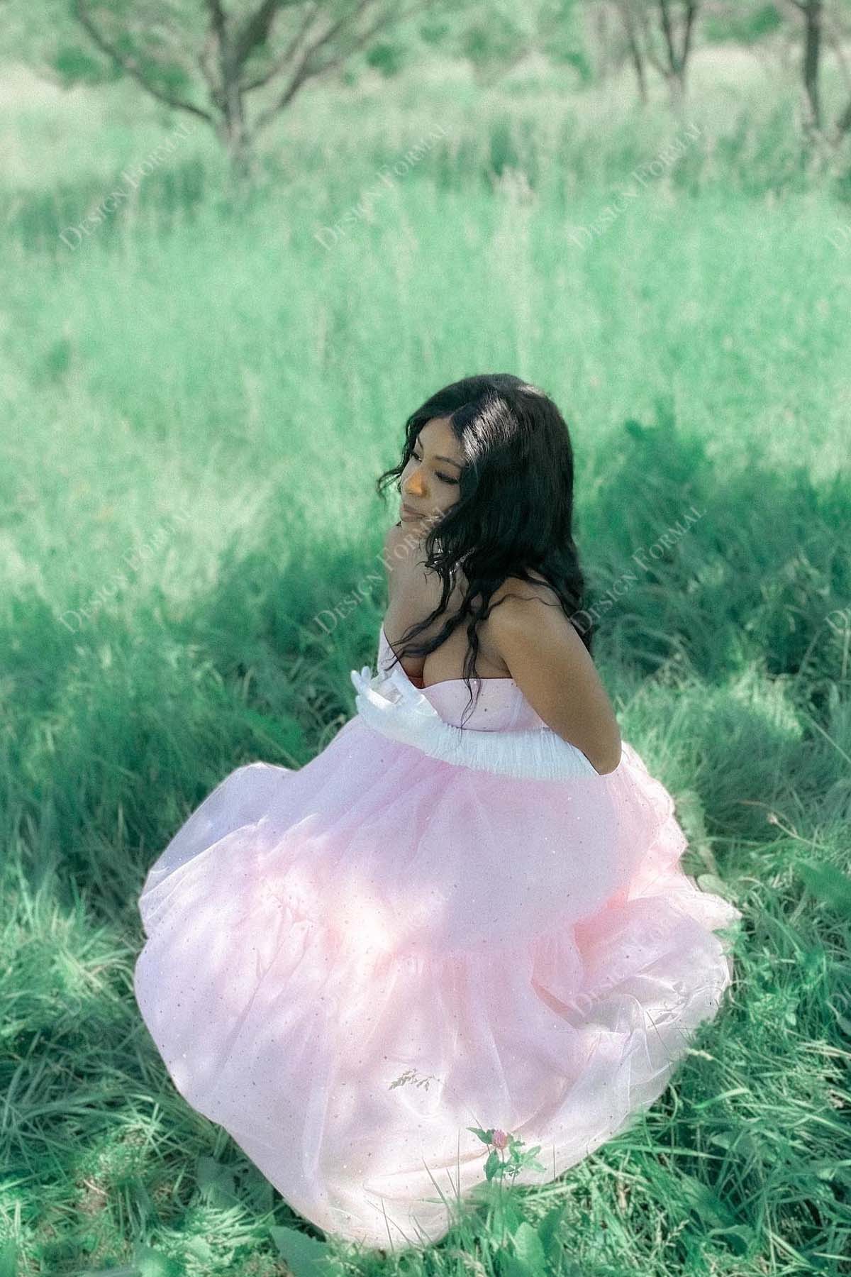 pink strapless corset prom dress