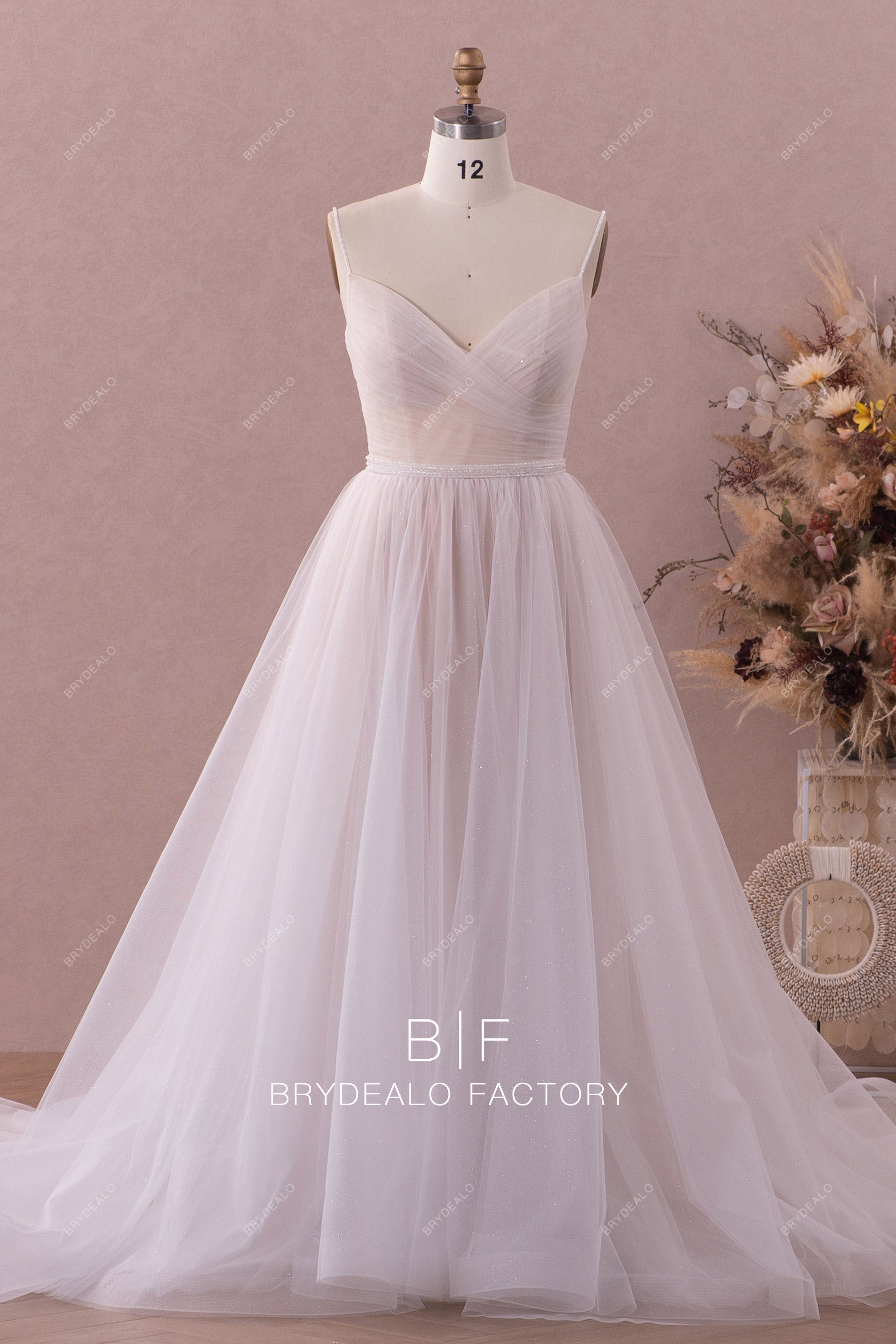 Beaded Straps Pleated Tulle V-neck Modern Nude A-line Wedding Dress, White Beaded Straps Pleated Tulle V-neck Modern Nude A-line Wedding Dress, White