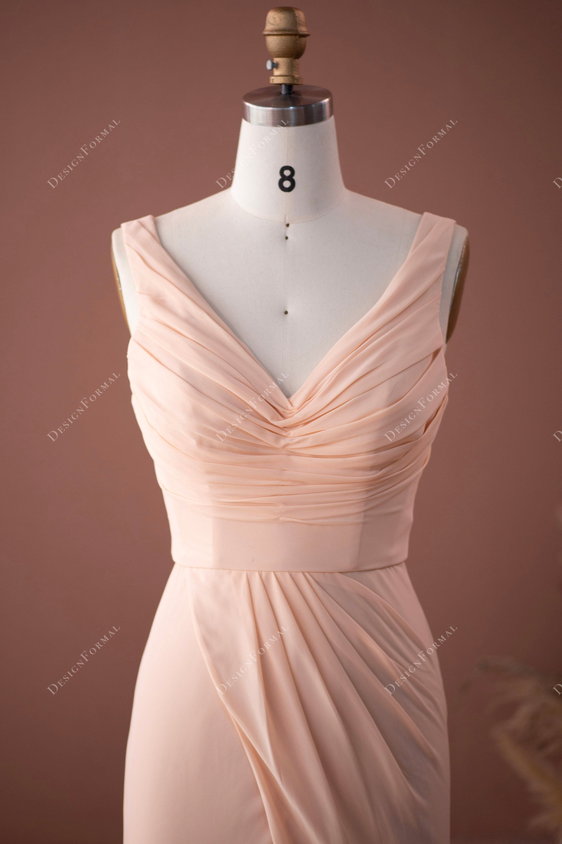 Peach Ruched Chiffon V-neck Bridesmaid Dress