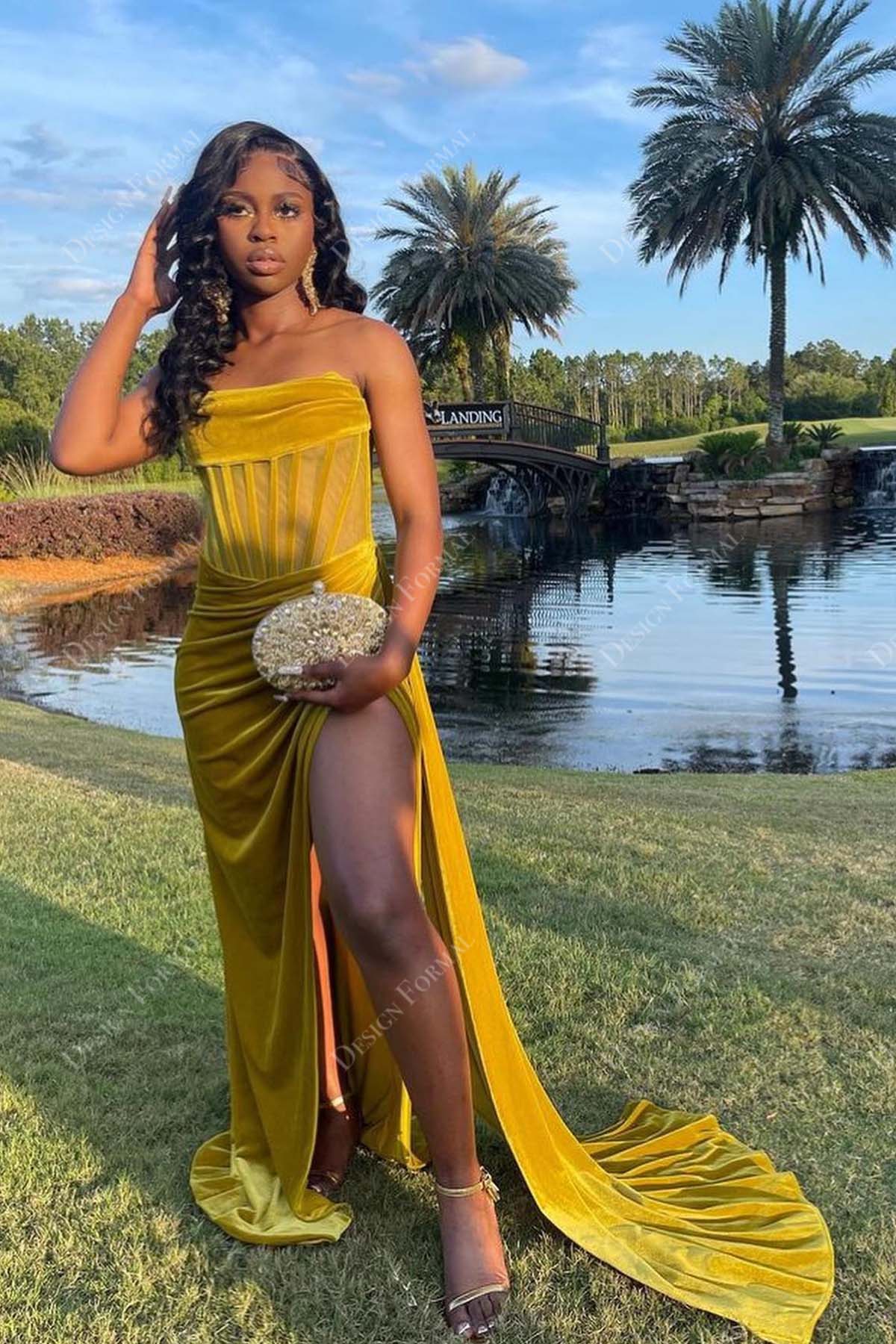 Pleated Slit Honey Yellow Velvet Strapless Custom Prom Dress Pleated Slit Honey Yellow Velvet Strapless Custom Prom Dress