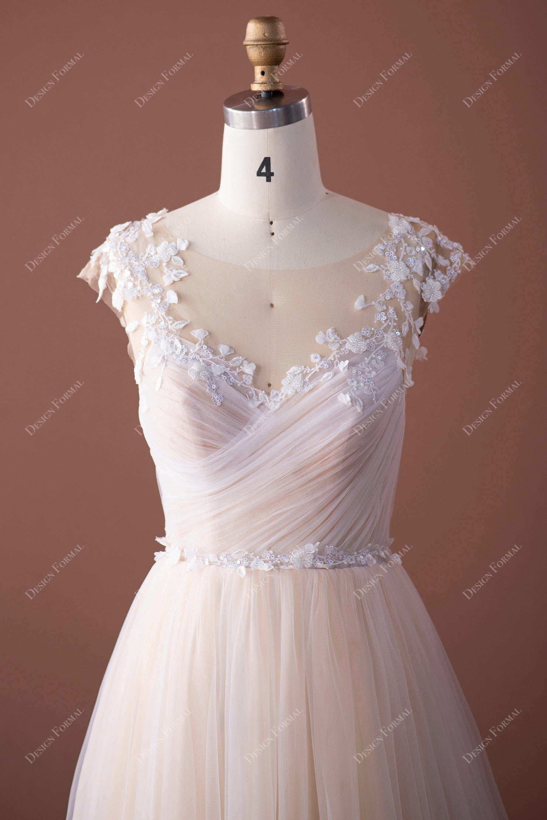 pleated illusion lace appliqued bodice