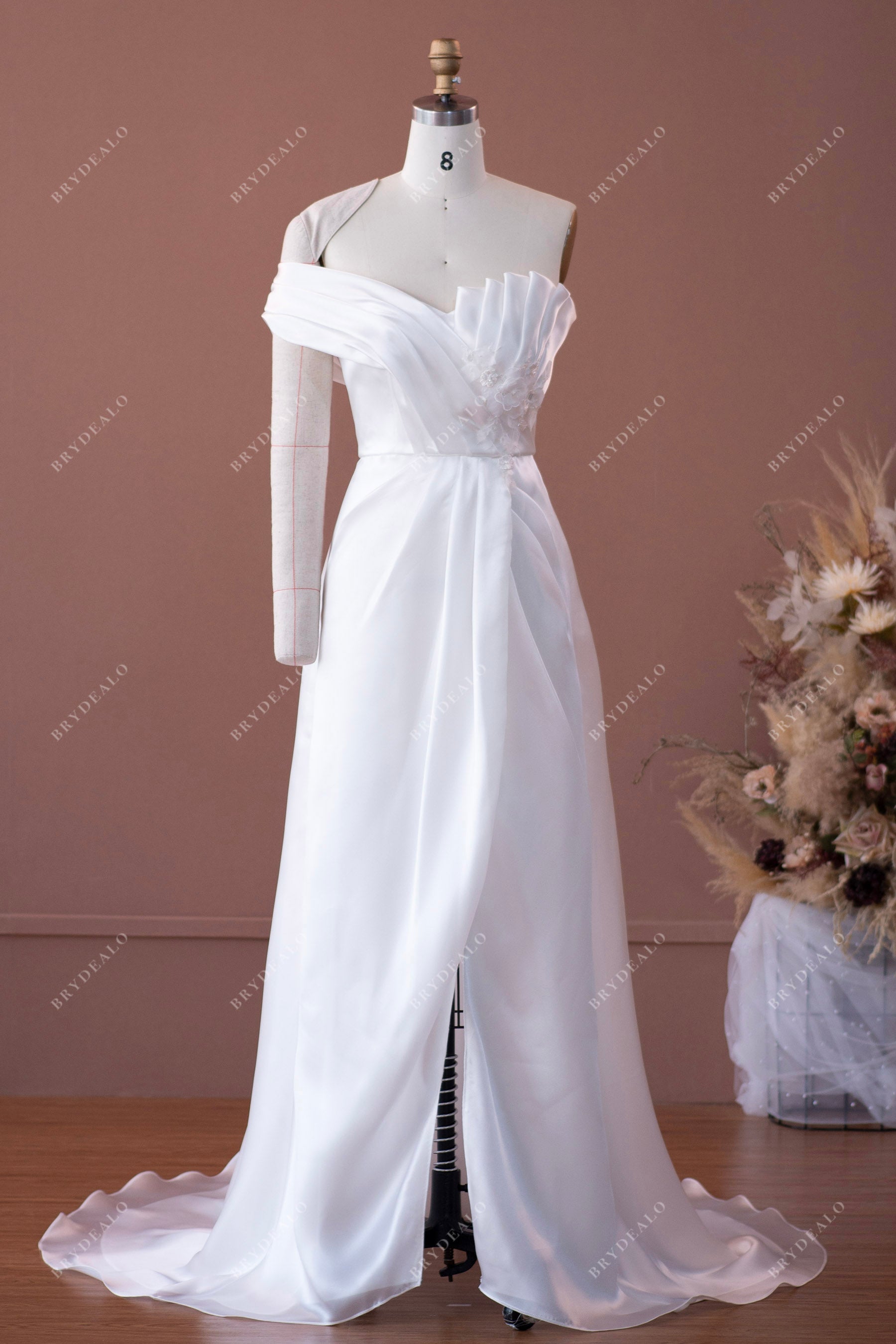 Asymmetrical Ruffled Neck One Sleeve Slit Organza Designer Bridal
