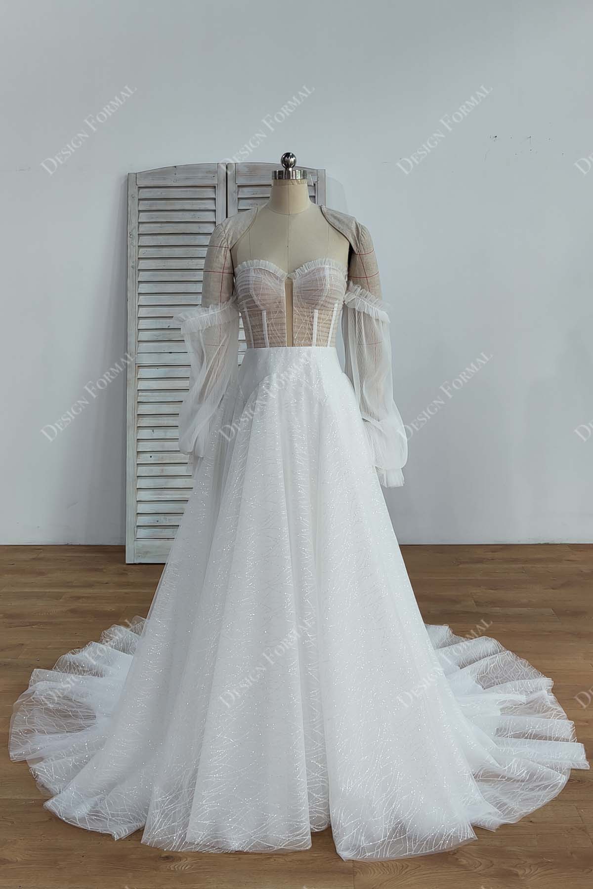 Illusion Corset Plunging Pleated Off Shoulder Wedding Dress