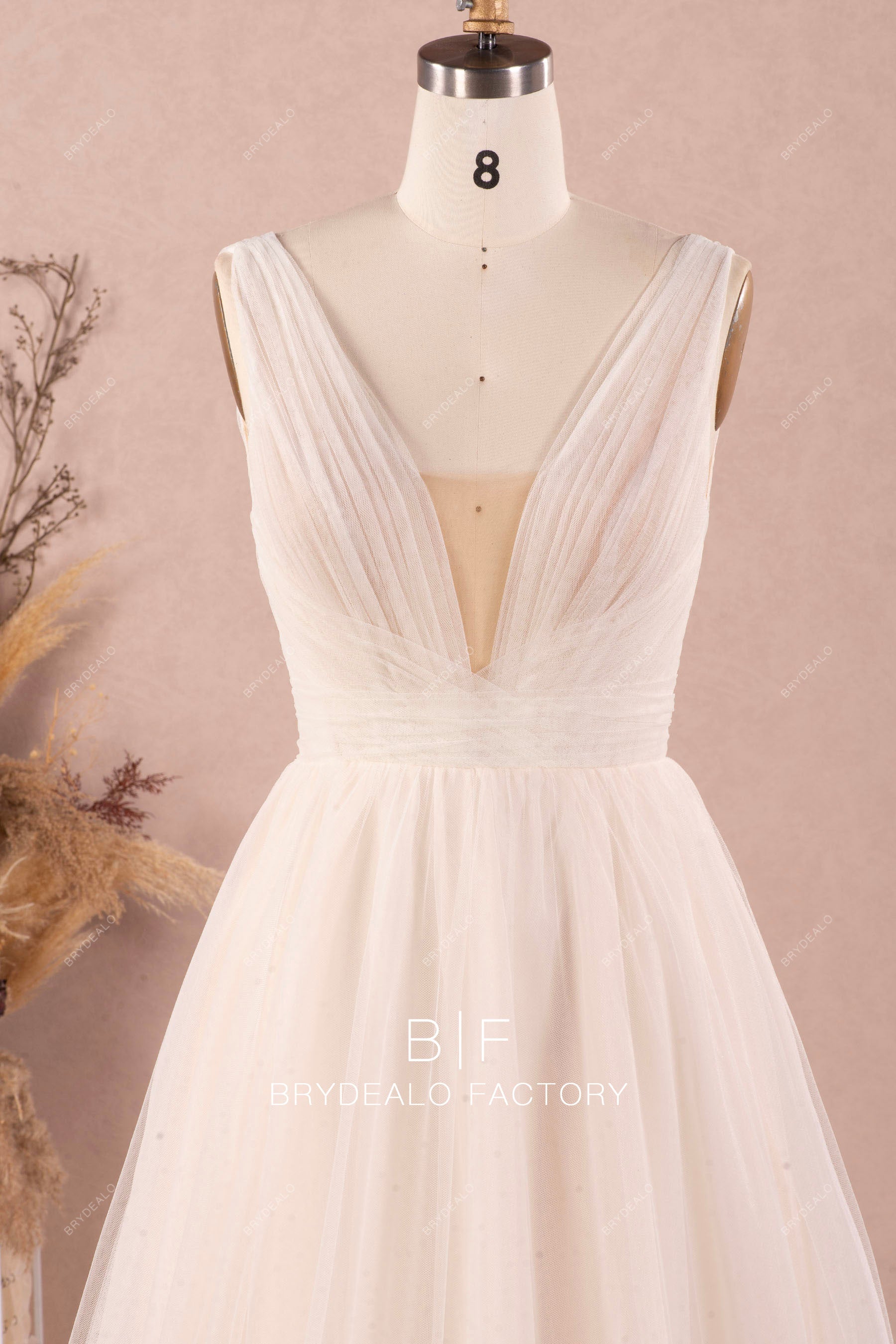 pleated shoulder straps V-neck summer wedding dress