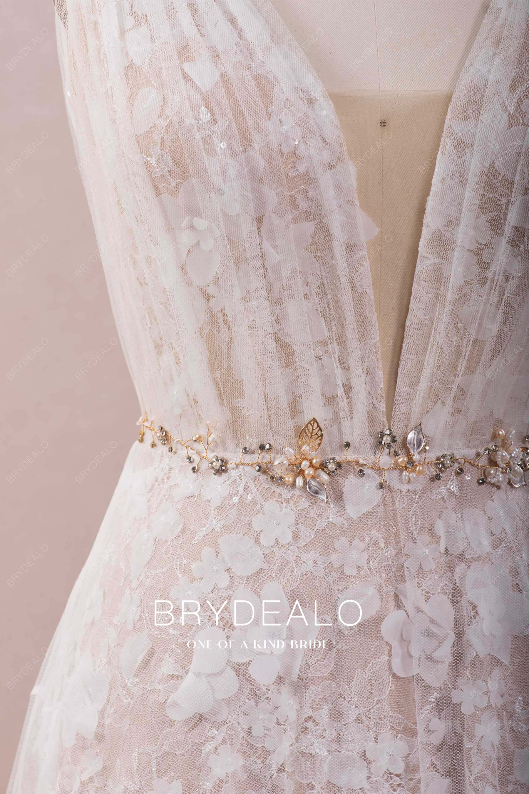 pleated tulle plunging romantic 3D flowers wedding gown