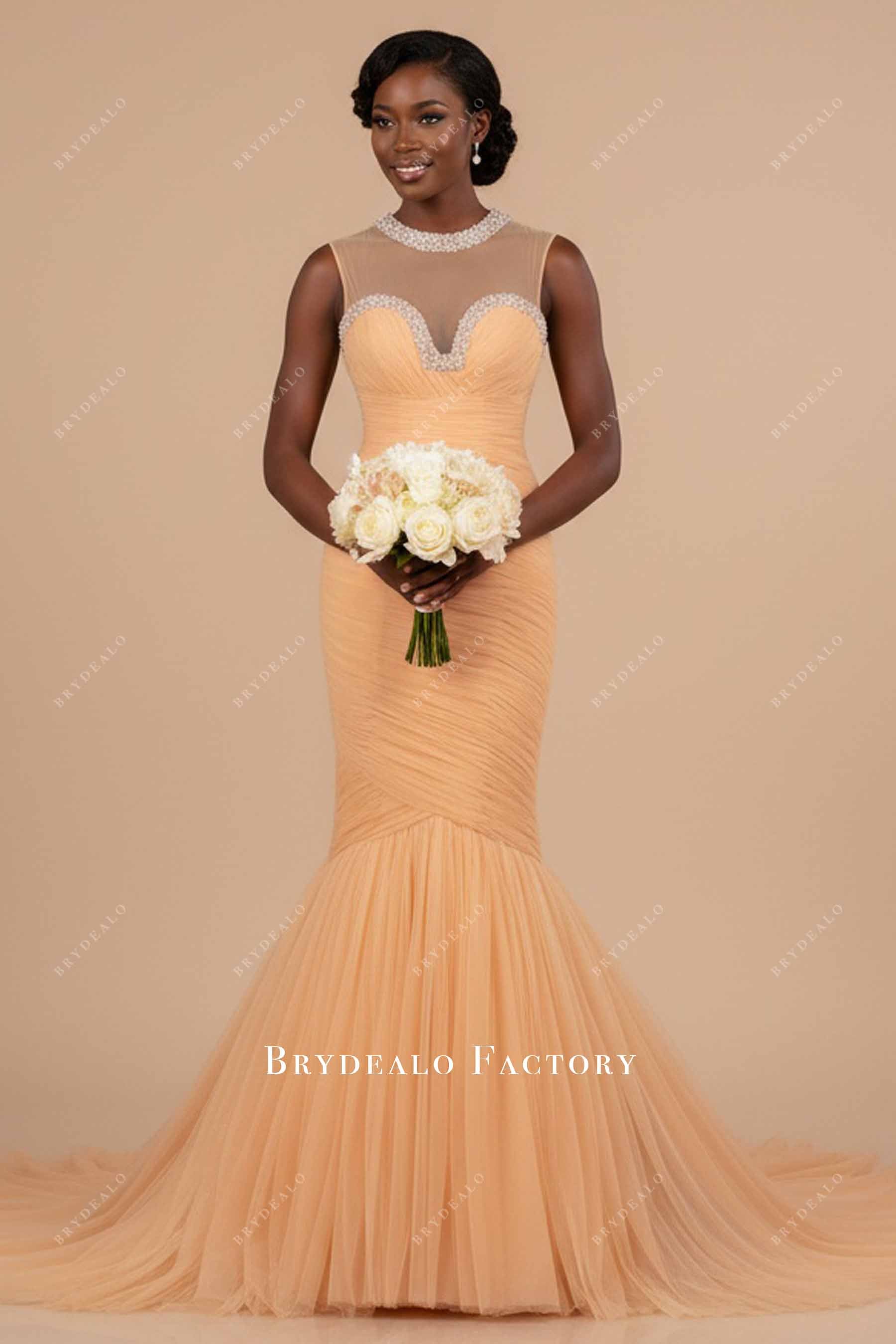 pleated tulle trumpet bridal dress