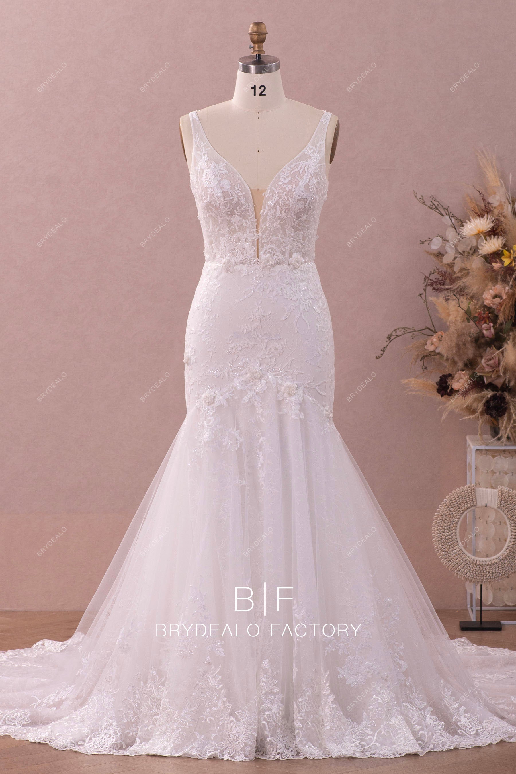 Mesh Plunging Neck Satin Mermaid Wedding Dress main image 1