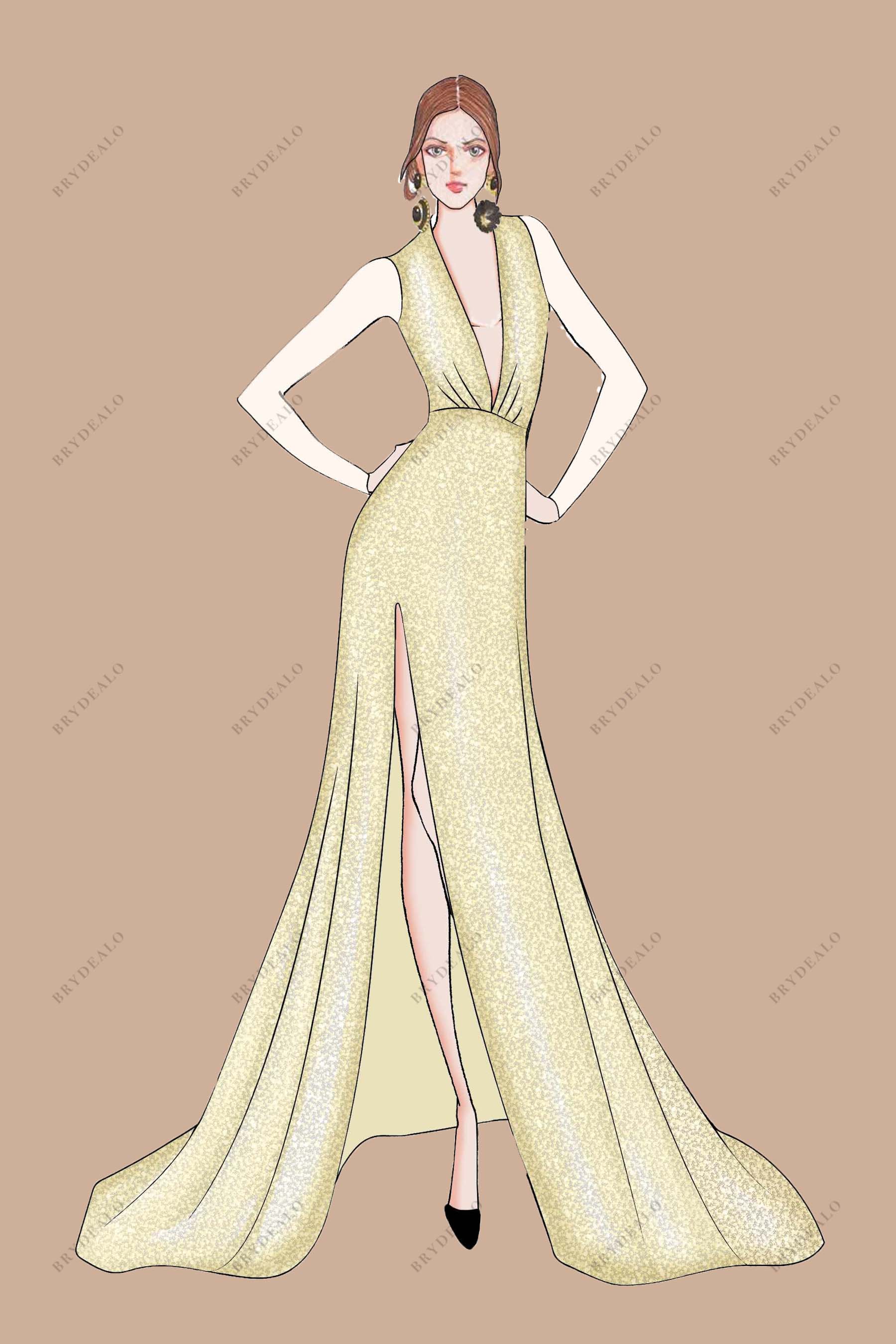 Hand-drawn Plunging V-neck Slit Mermaid Gold Prom Dress Design