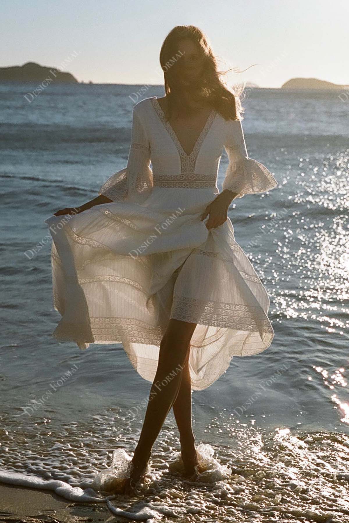 bell dress design Plunging Lace 3/4 Bell Sleeves Tiered Designer Wedding Dress