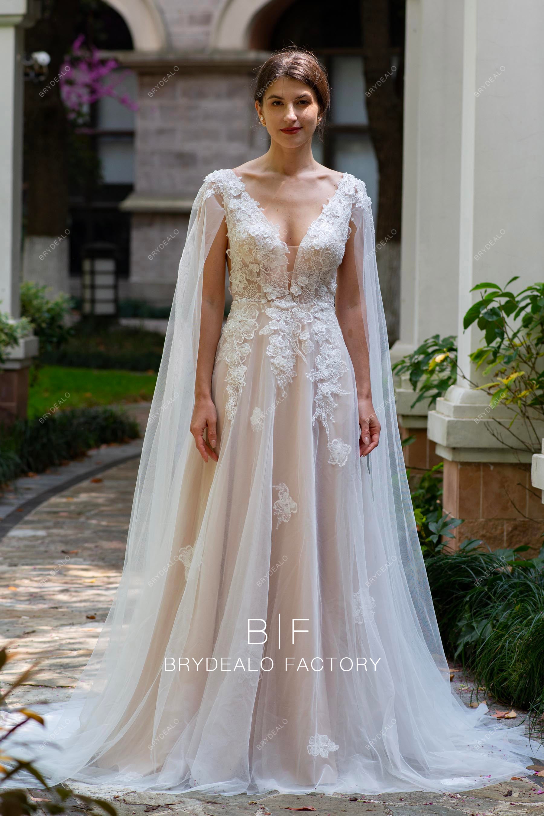 Designer Flower Lace Plunging Modern Nude Watteau Train Wedding Dress, White Designer Flower Lace Plunging Modern Nude Watteau Train Wedding Dress, White