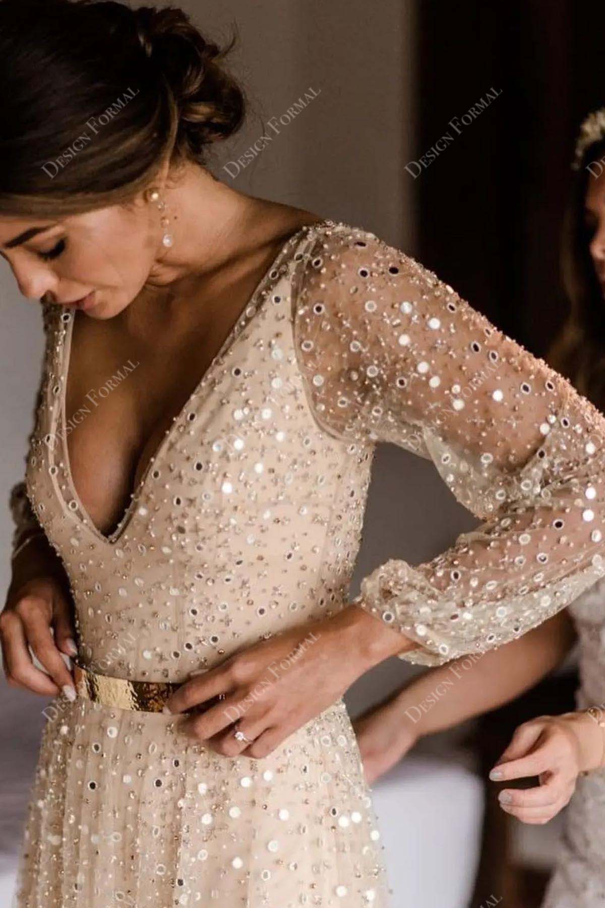 plunging illusion sleeve wedding dress with gold waistband