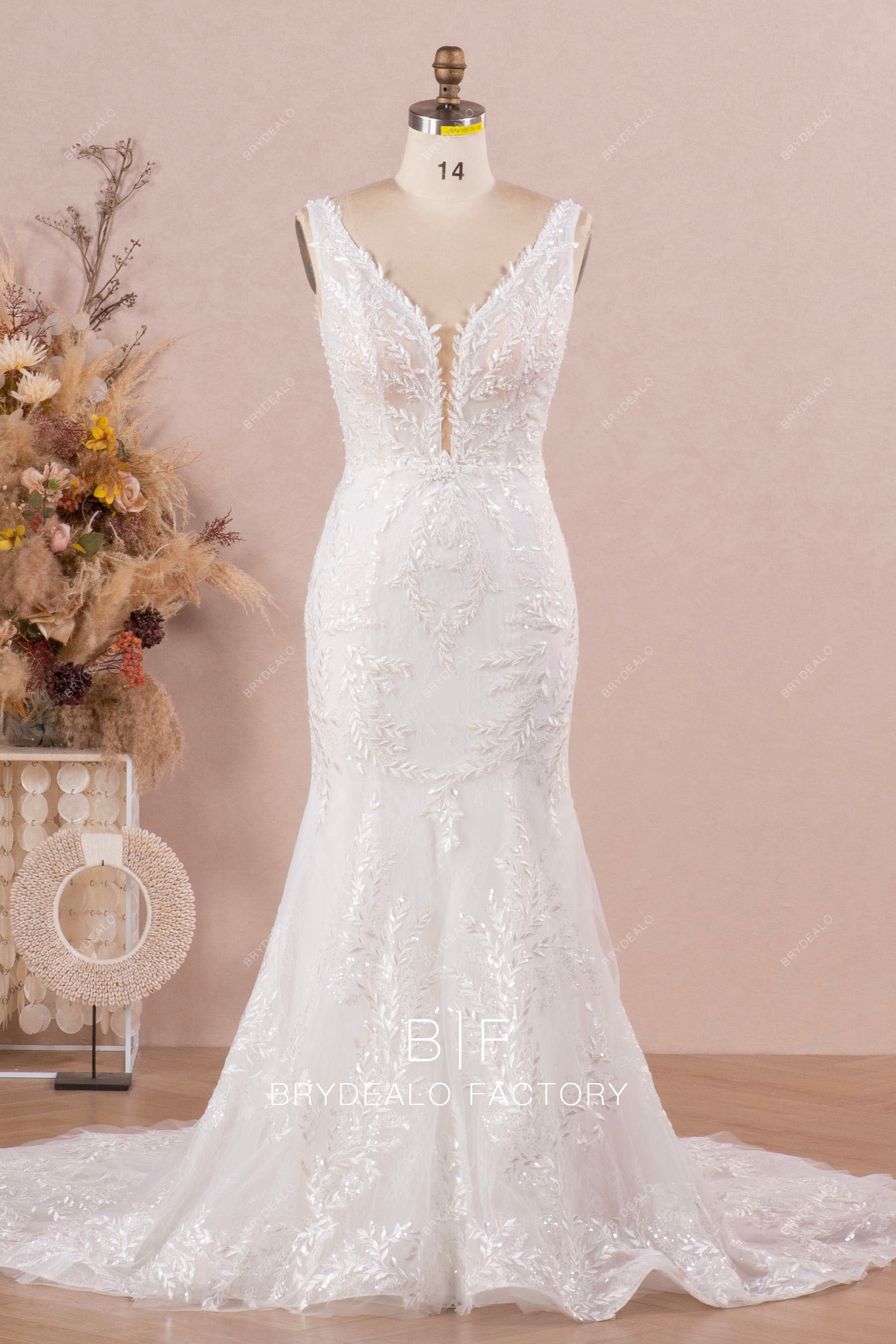 Designer Lace Plunging Neck Sleeveless Mermaid Wedding Dress
