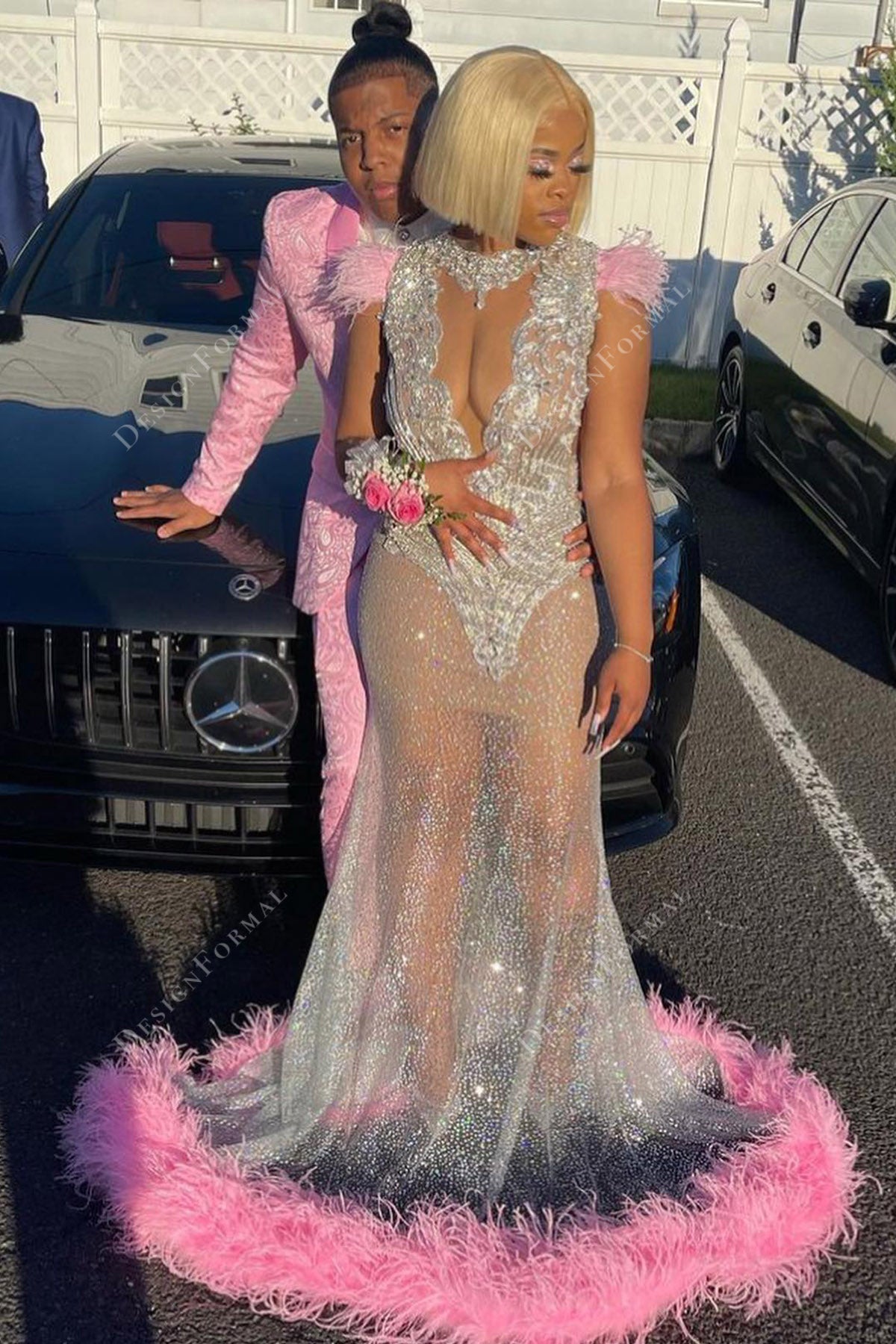 Pink Feathers Silver Glitter plunging Sheer Customized Prom Dress Pink Feathers Silver Glitter plunging Sheer Customized Prom Dress