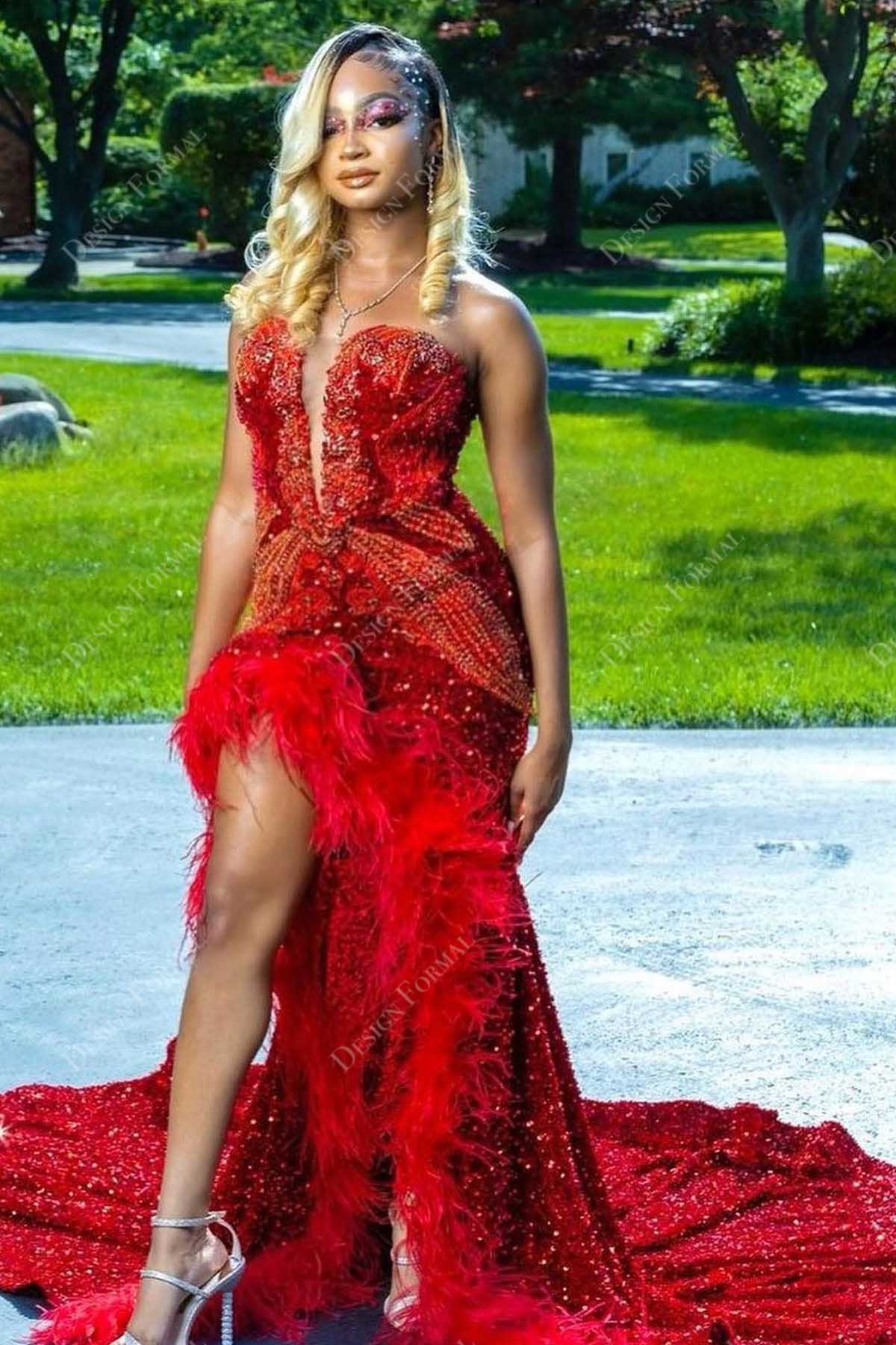 plunging neck strapless sequin feathered slit mermaid prom dress