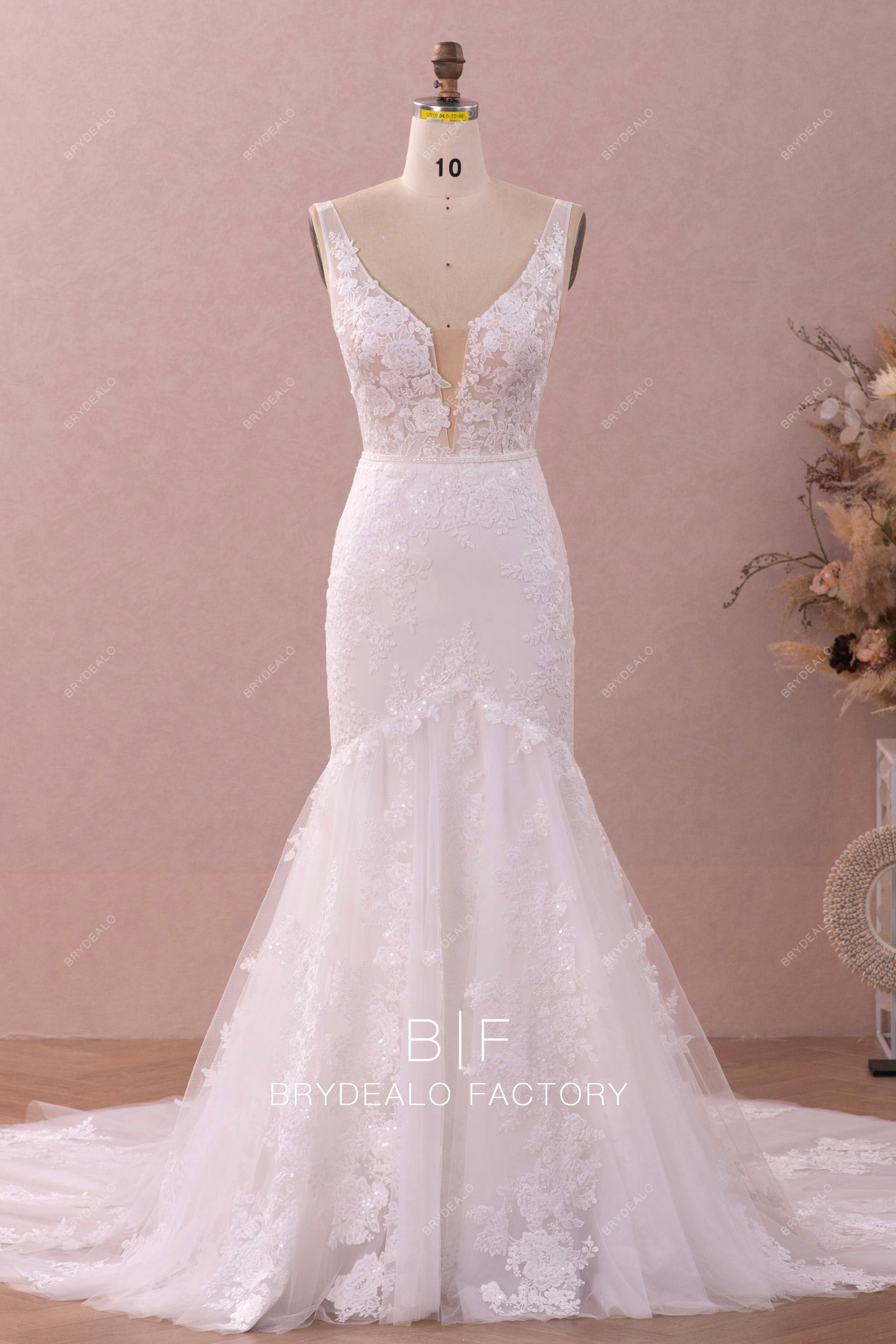 plunging neck lace mermaid wedding dress