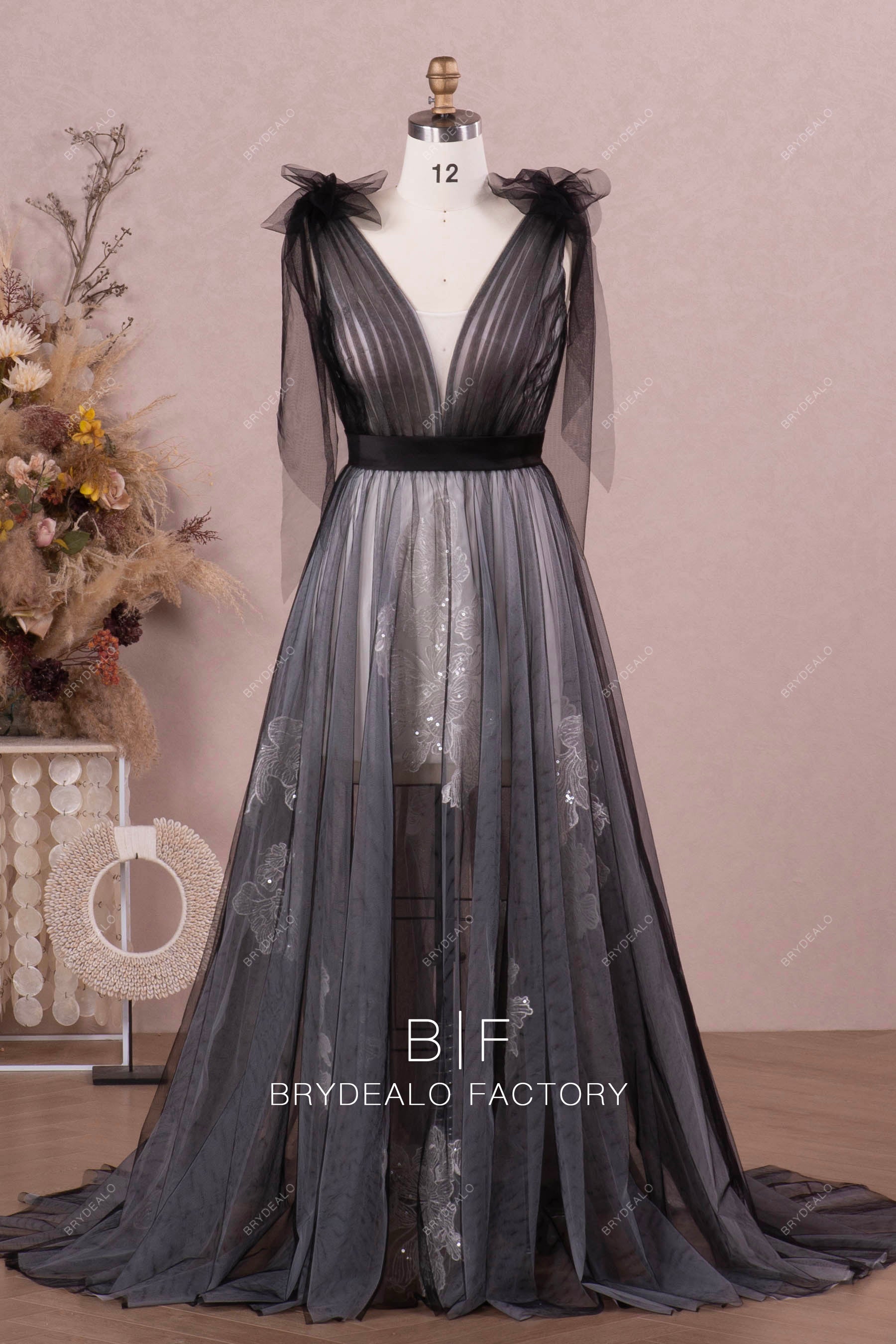 Black Tulle White Lace Tie Shoulder Plunging Neck Boho Bridal Gown, Black / Black Black Tulle White Lace Tie Shoulder Plunging Neck Boho Bridal Gown, Black / Black