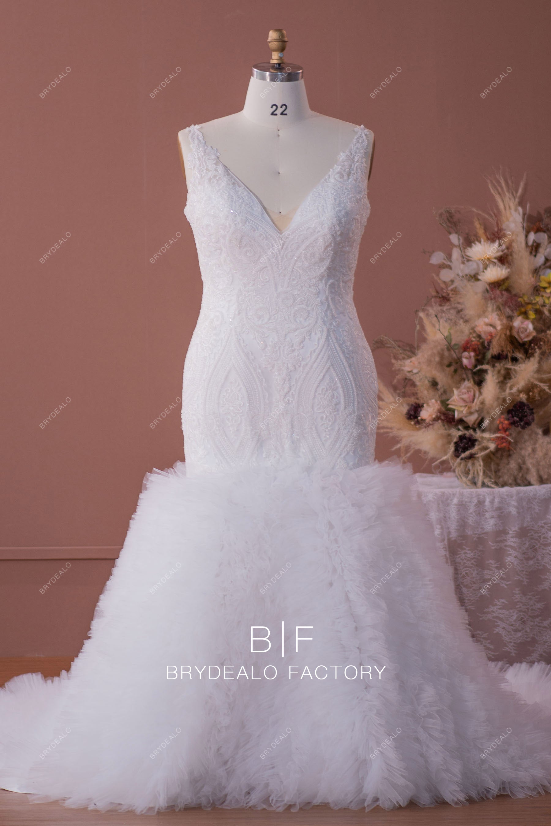 Plus Size Beaded Lace Modern Ruffled Trumpet Wedding Gown