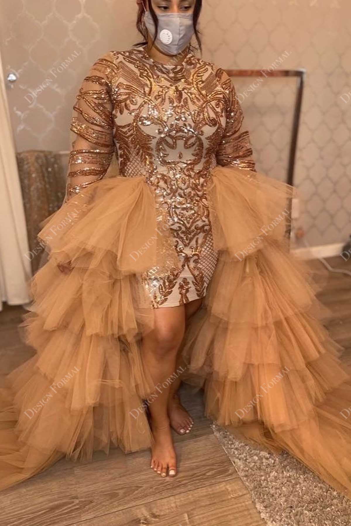 Plus Size Champagne Sequin Bodycon Tiered Tulle Made-to-Order Overskirt Dress Plus Size Champagne Sequin Bodycon Tiered Tulle Made-to-Order Overskirt Dress
