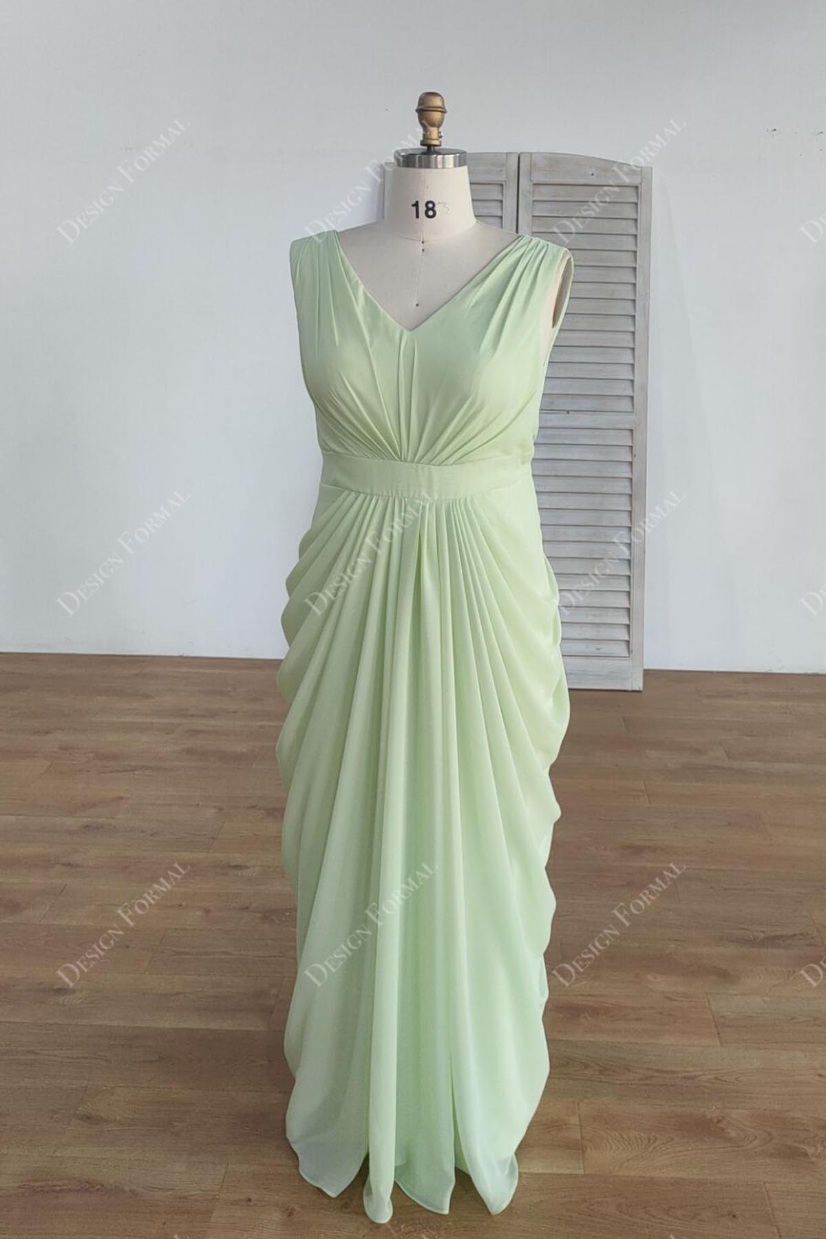 Plus Size Sage Chiffon V-Neck Sheath Floor Length Bridesmaid Dress