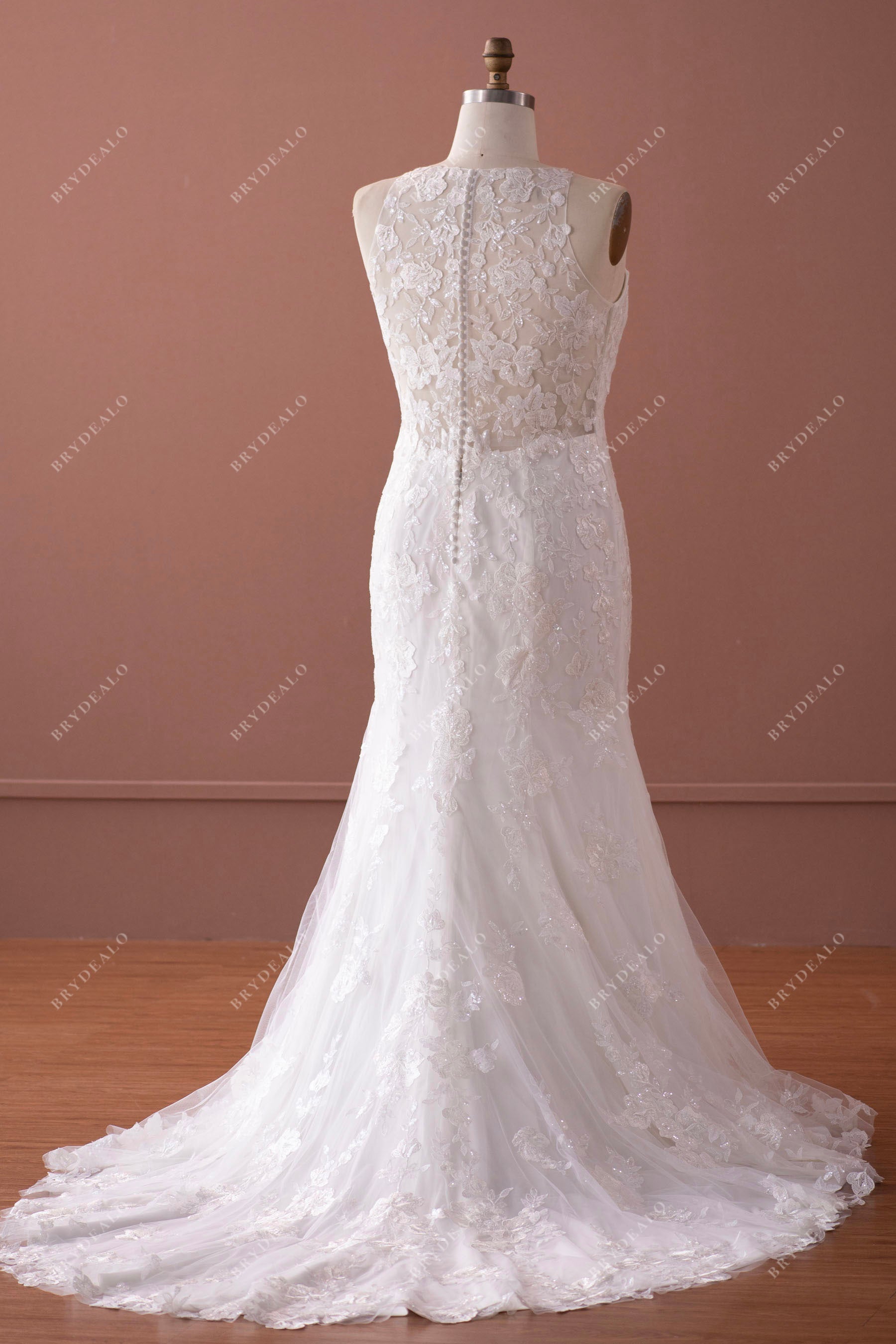 mermaid long train sleeveless destination wedding gown