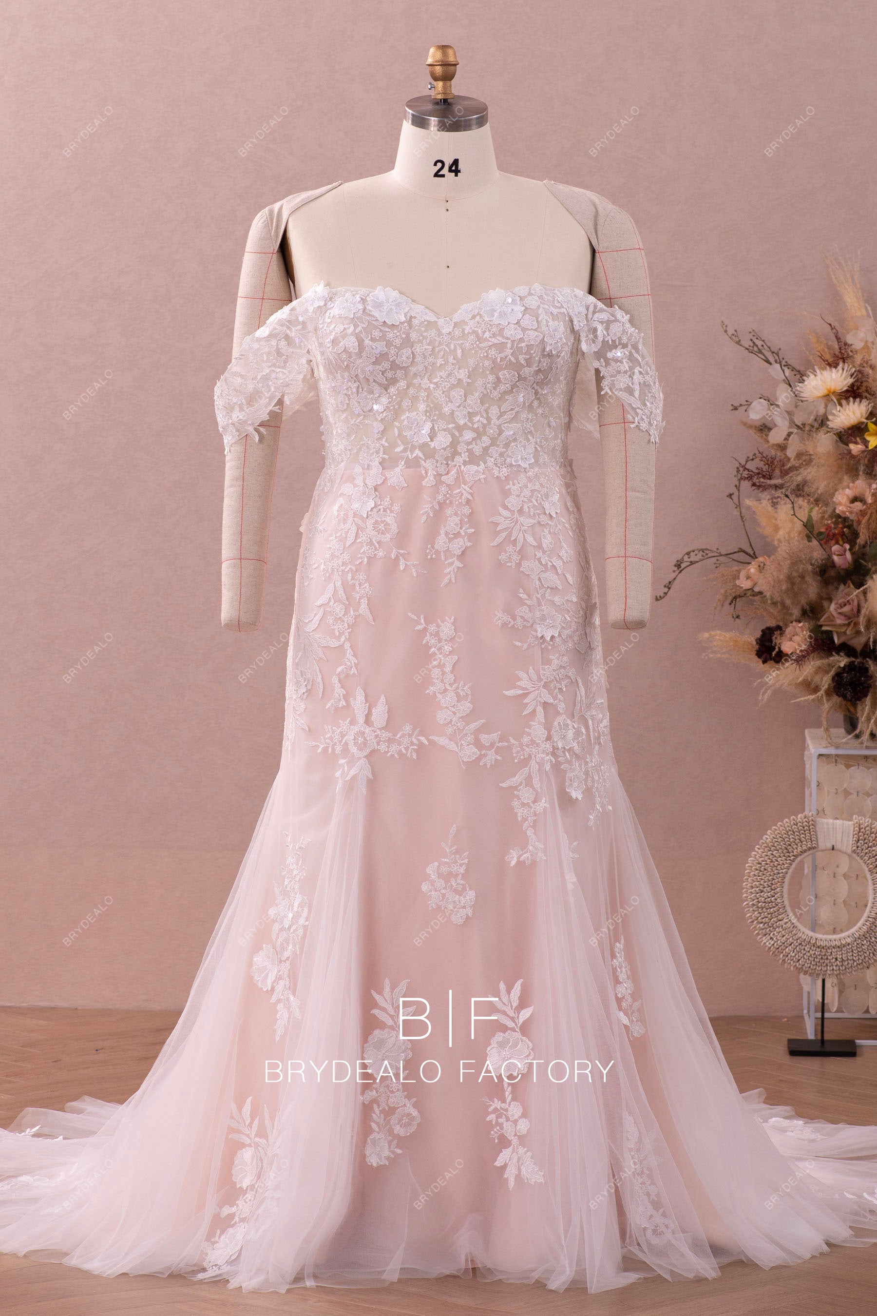 Plus Size Nude Pink Off Shoulder Lace Mermaid Destination Wedding Dress, Light Ivory Plus Size Nude Pink Off Shoulder Lace Mermaid Destination Wedding Dress, Light Ivory