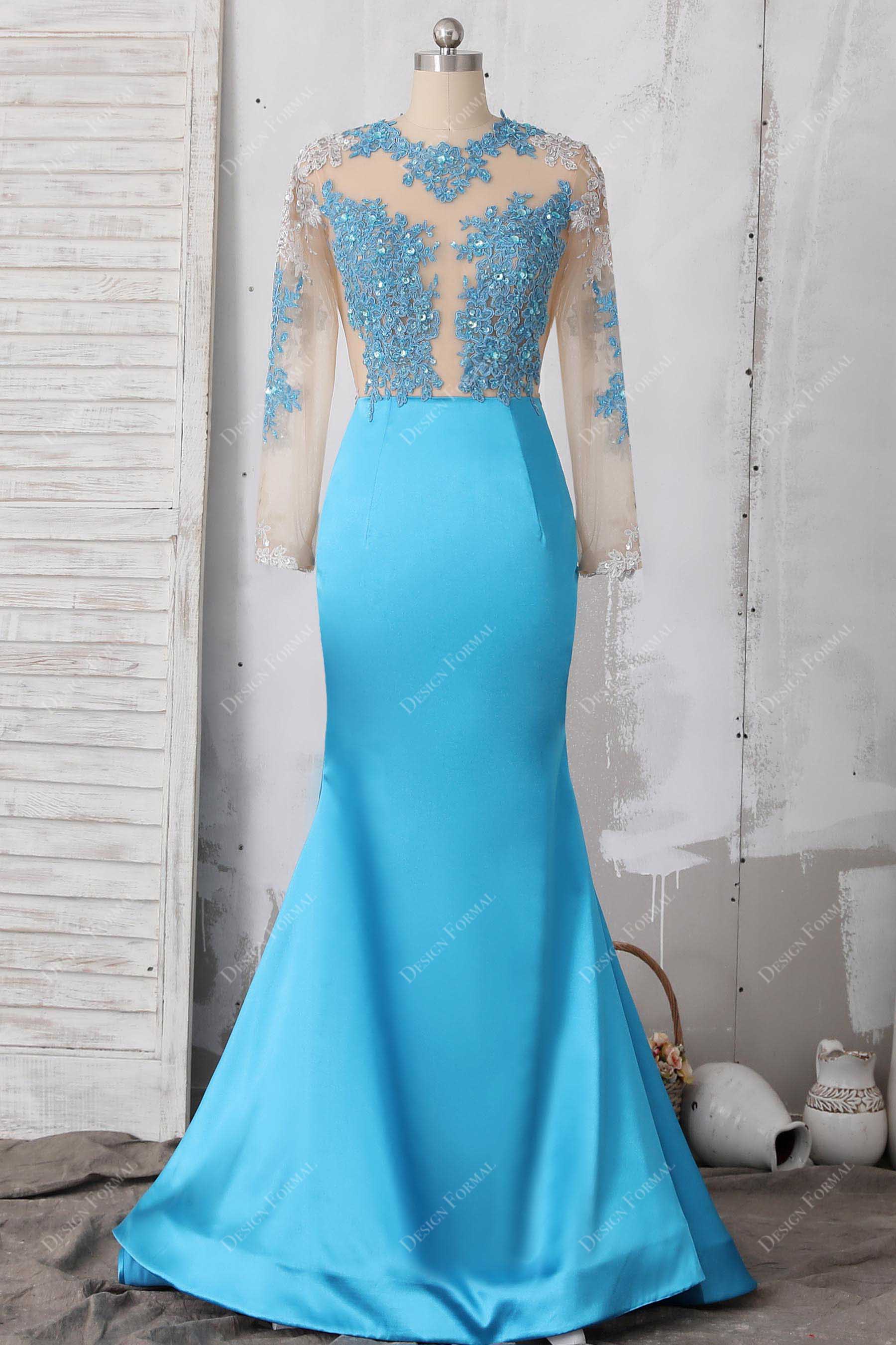 Pool Blue Satin Beaded Lace Sexy Plunging Open Back Mermaid Prom Dress Pool Blue Satin Beaded Lace Sexy Plunging Open Back Mermaid Prom Dress