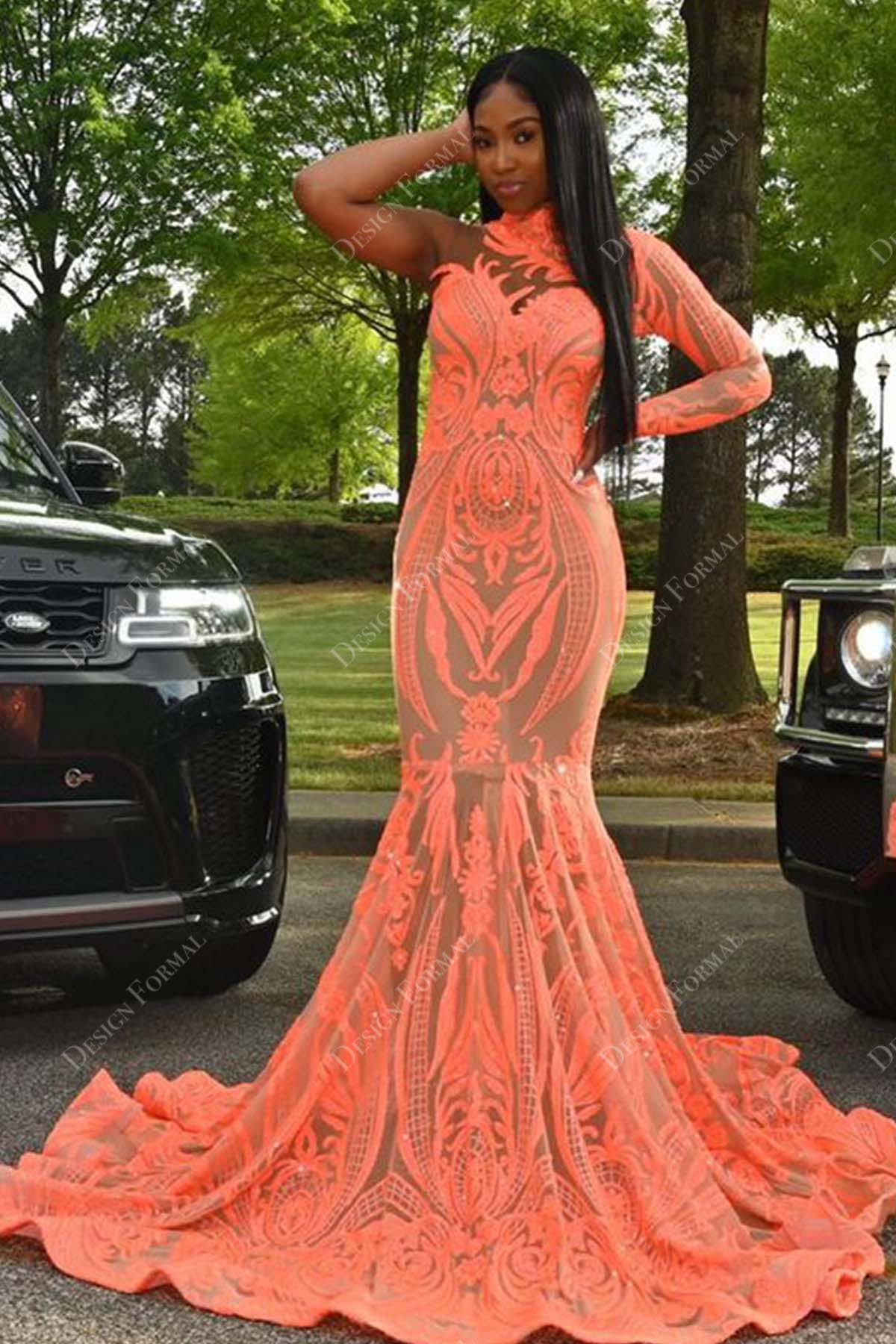 popular orange sequin trumpet formal gown