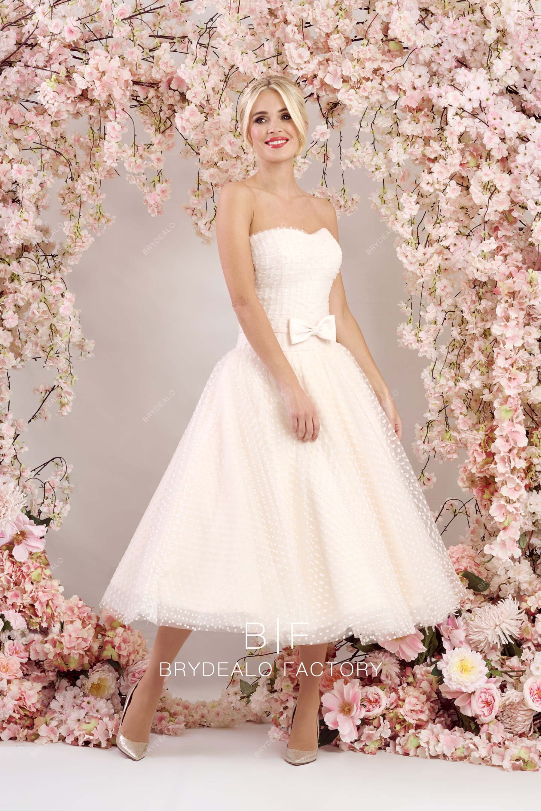 Champagne Pretty Dot Tulle Tea Length Strapless Puffy Wedding Dress, White Champagne Pretty Dot Tulle Tea Length Strapless Puffy Wedding Dress, White