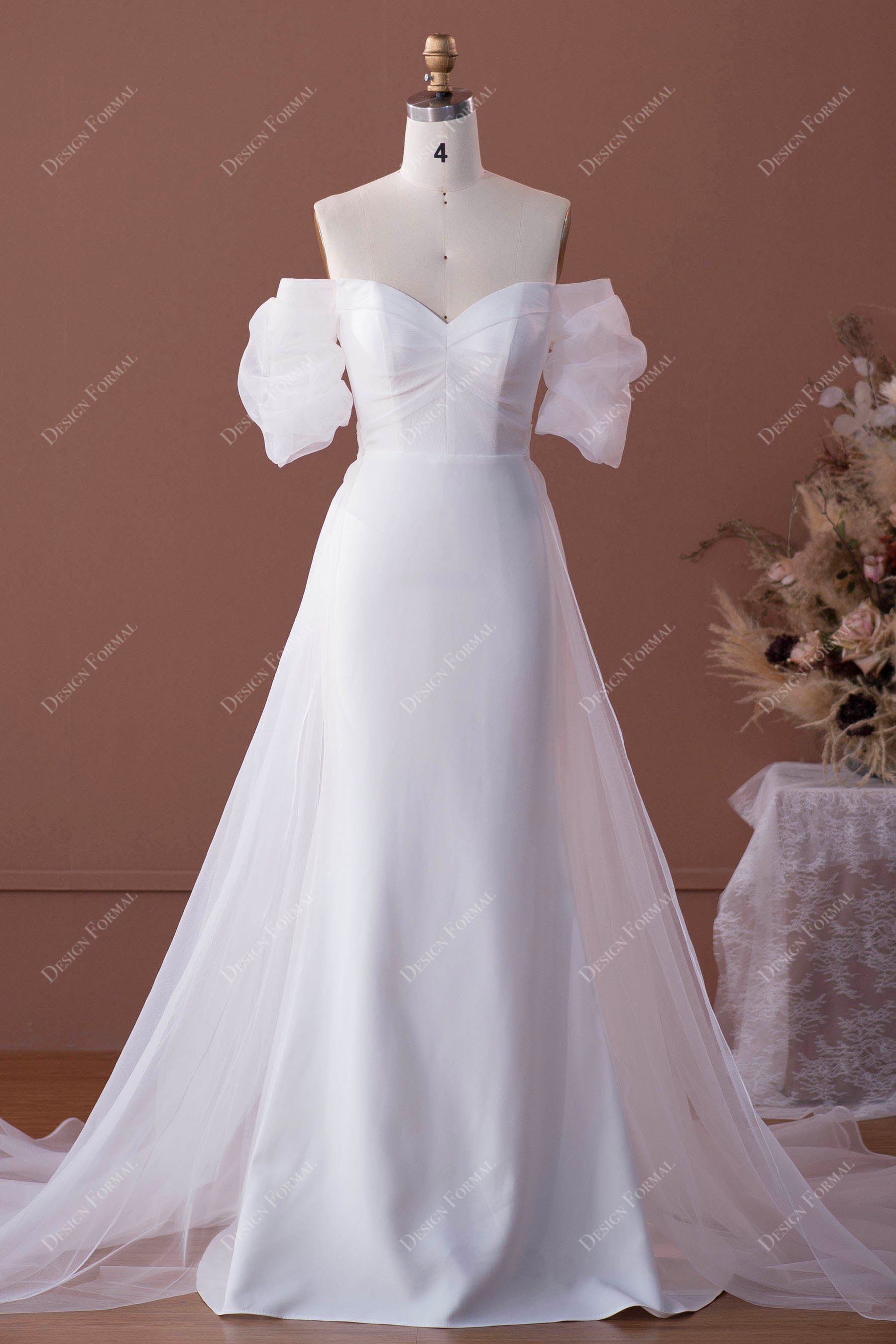 White Organza Off Shoulder Princess Bridal Dress with Overskirt White Organza Off Shoulder Princess Bridal Dress with Overskirt