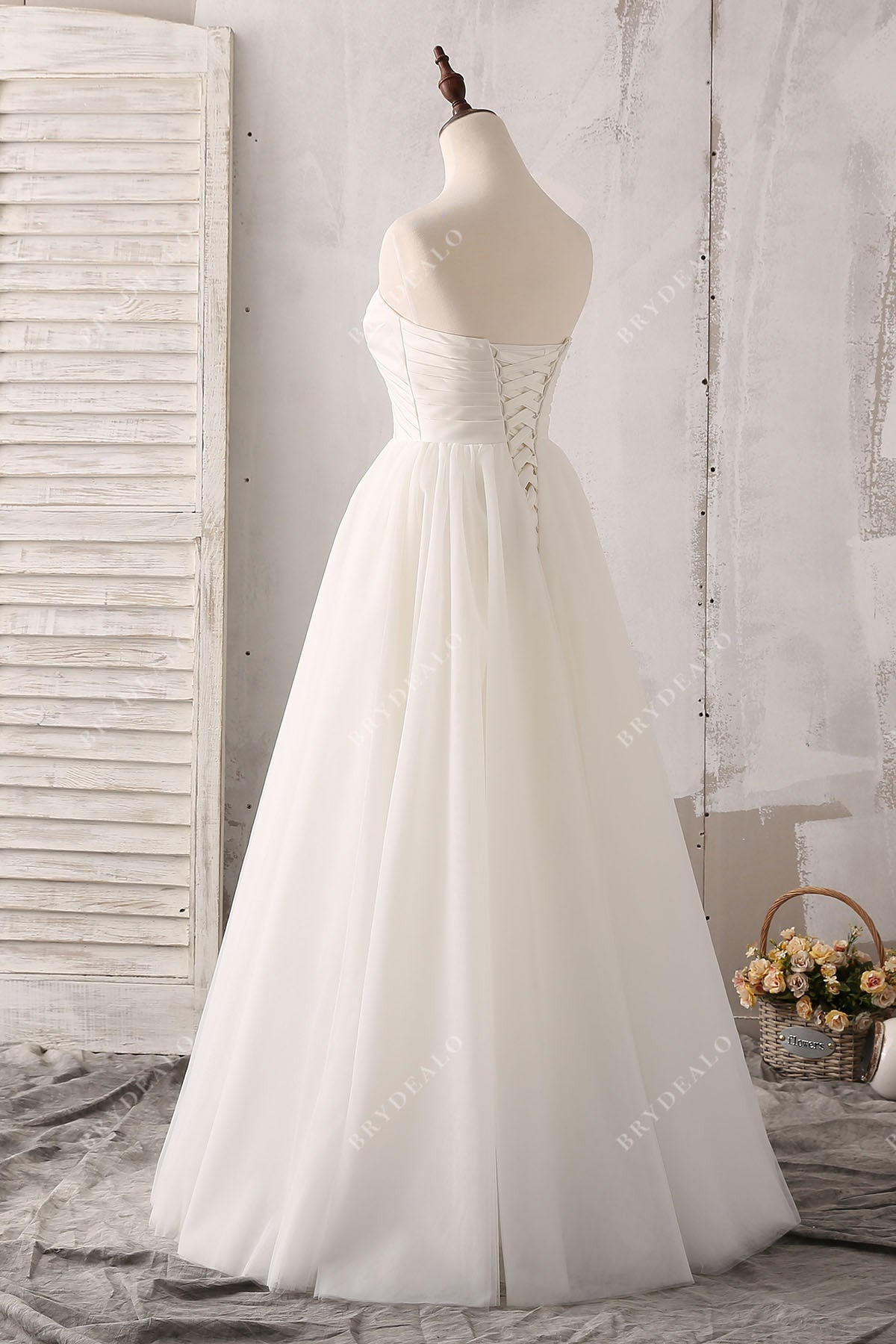 princess strapless satin tulle floor length bridal dress