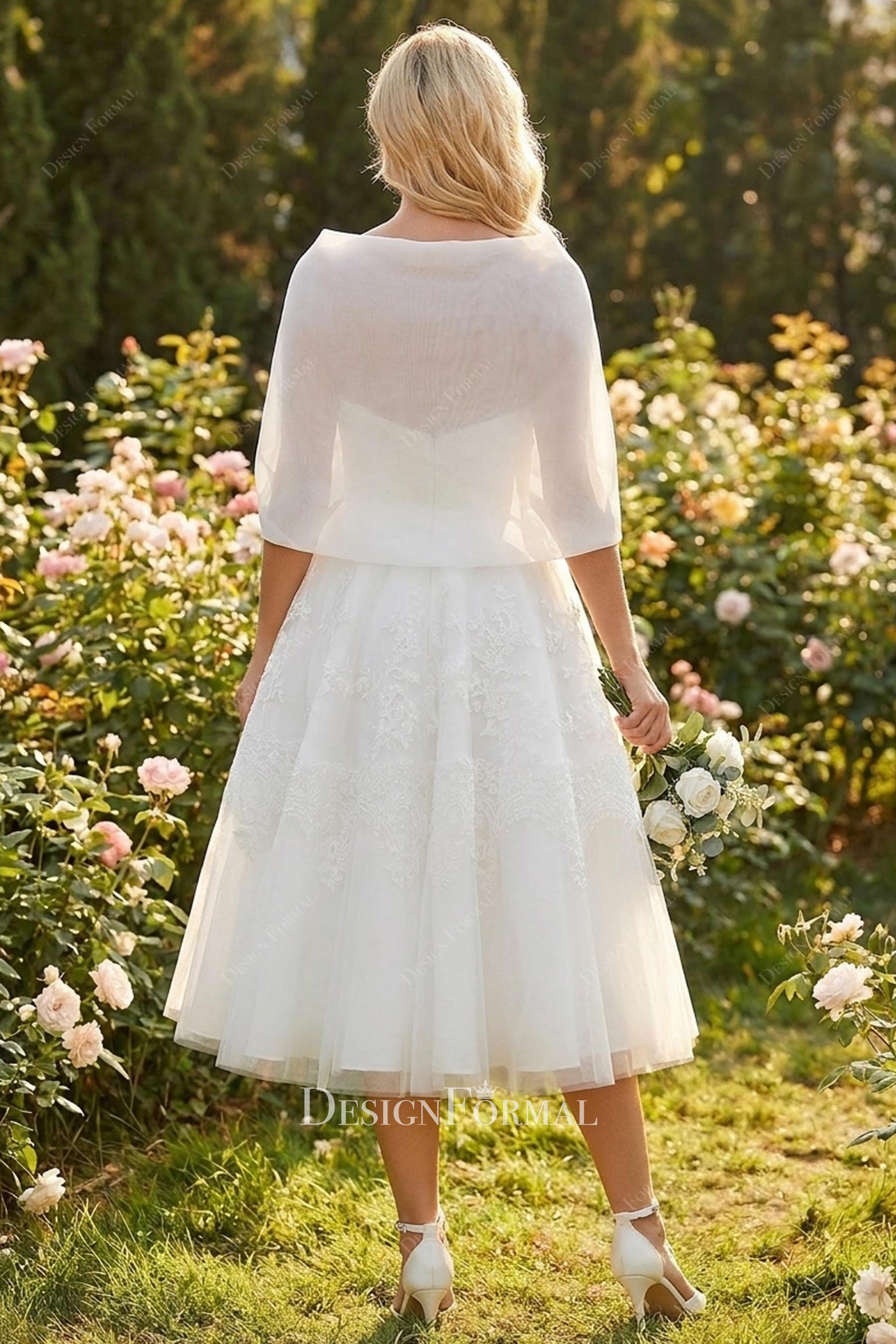 open back vintage puffy A-line wedding dress
