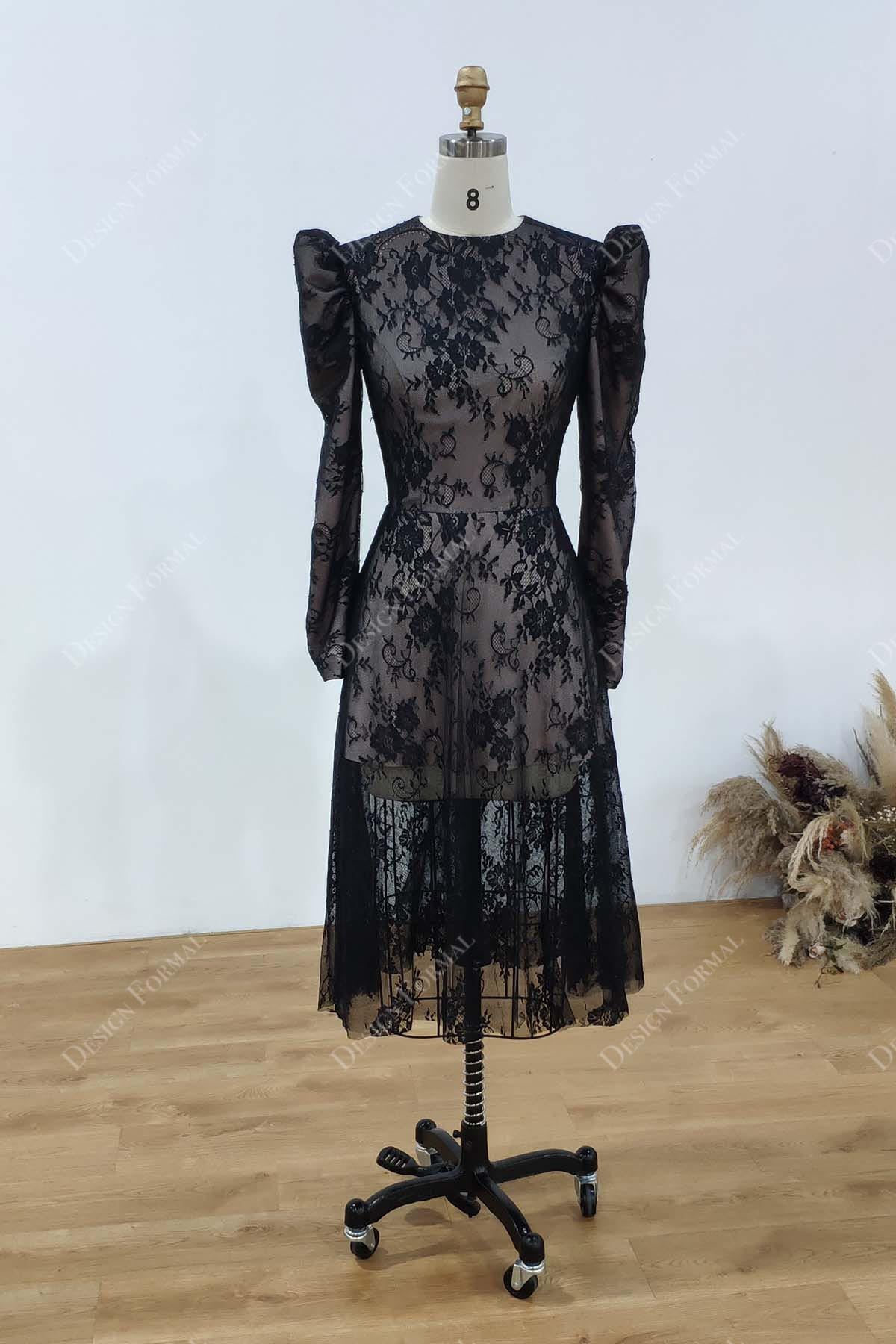 Black Lace Filipino Sleeves Tea Length Designer Formal Dress, Black Black Lace Filipino Sleeves Tea Length Designer Formal Dress, Black